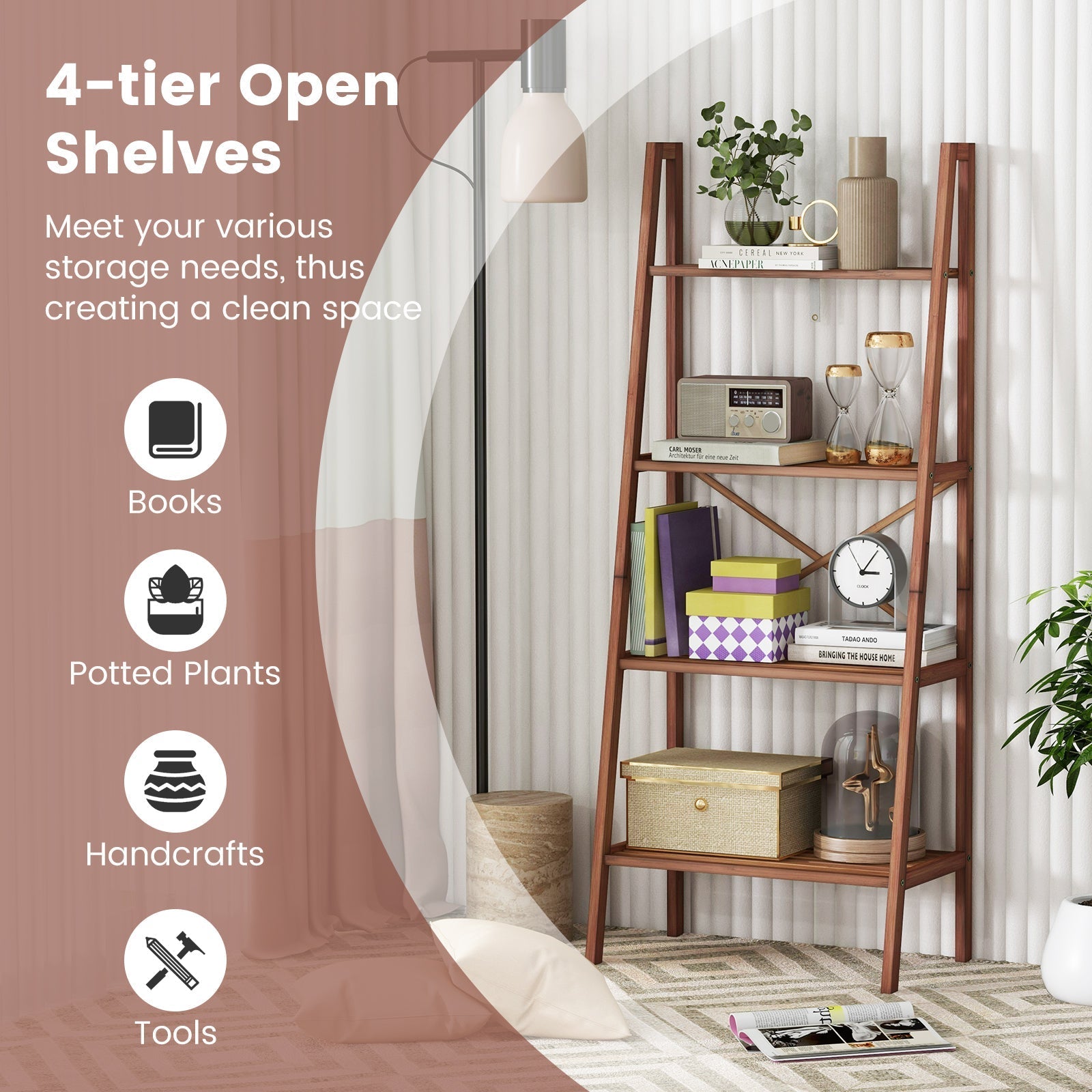 4-Tier Bamboo Ladder Bookshelf 58 Inch - Walnut