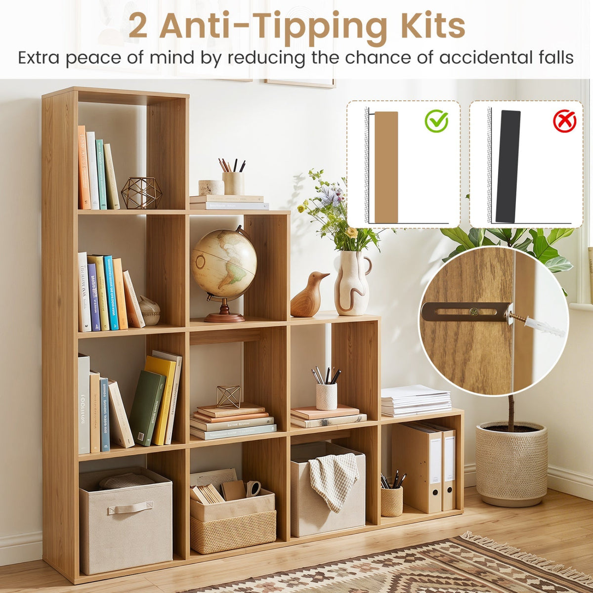 4-Tier Bookshelf with 10 Cube Storage and Anti-Tip Kit