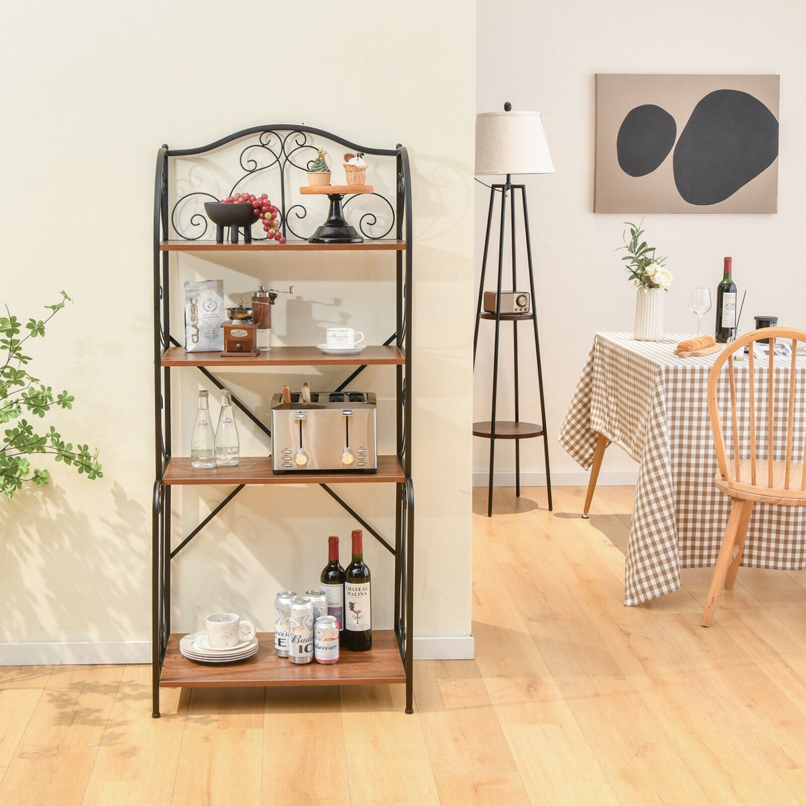 4-Tier Industrial Kitchen Baker's Rack with Open Shelves and X-Bar