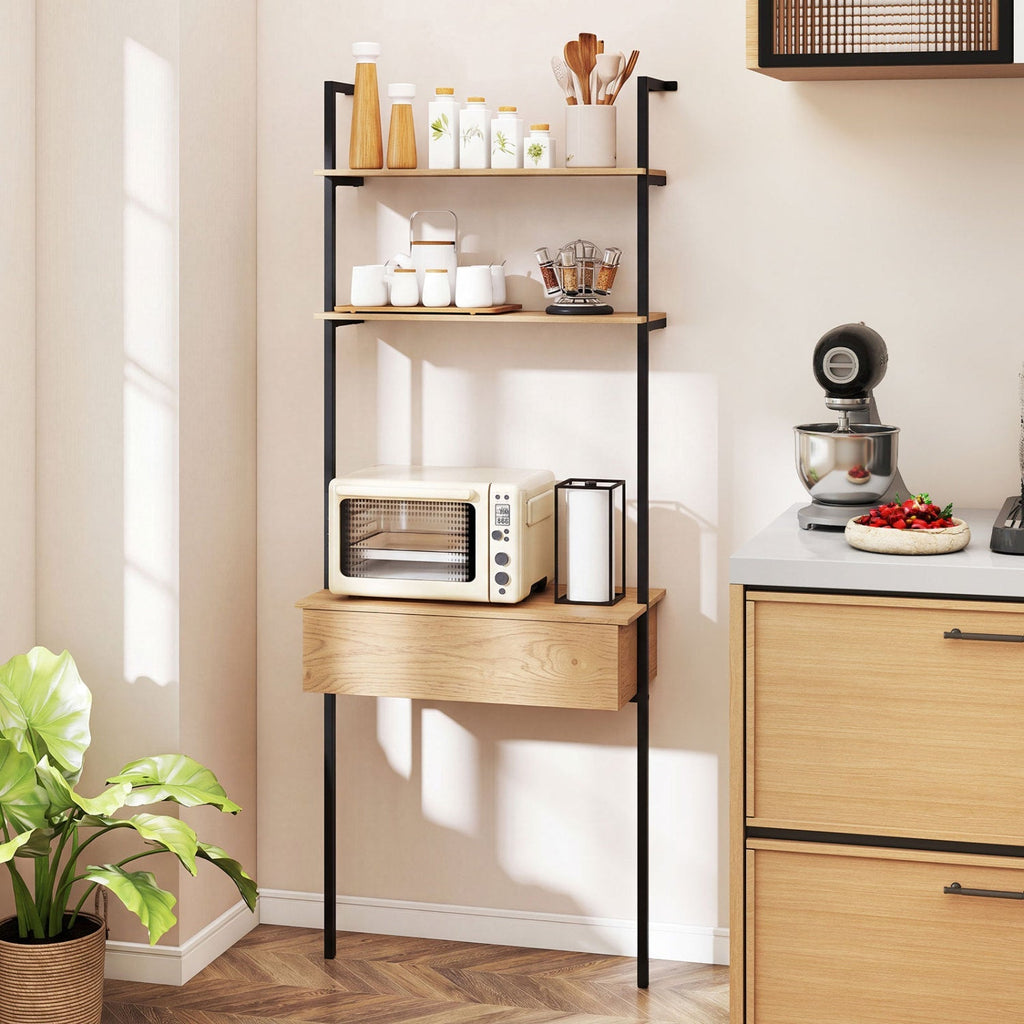 4-Tier Ladder Bookshelf with Drawer and Metal Frame