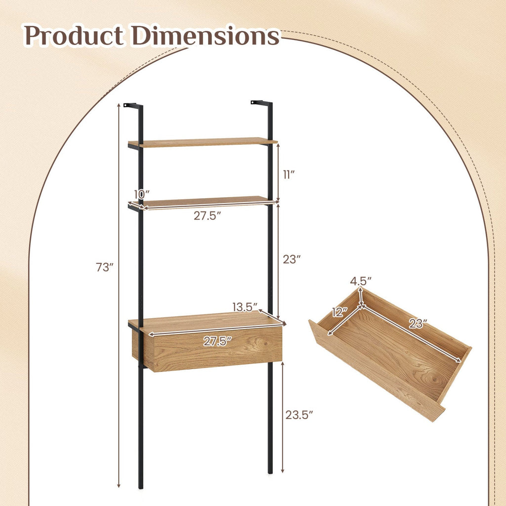 4-Tier Ladder Bookshelf with Drawer and Metal Frame