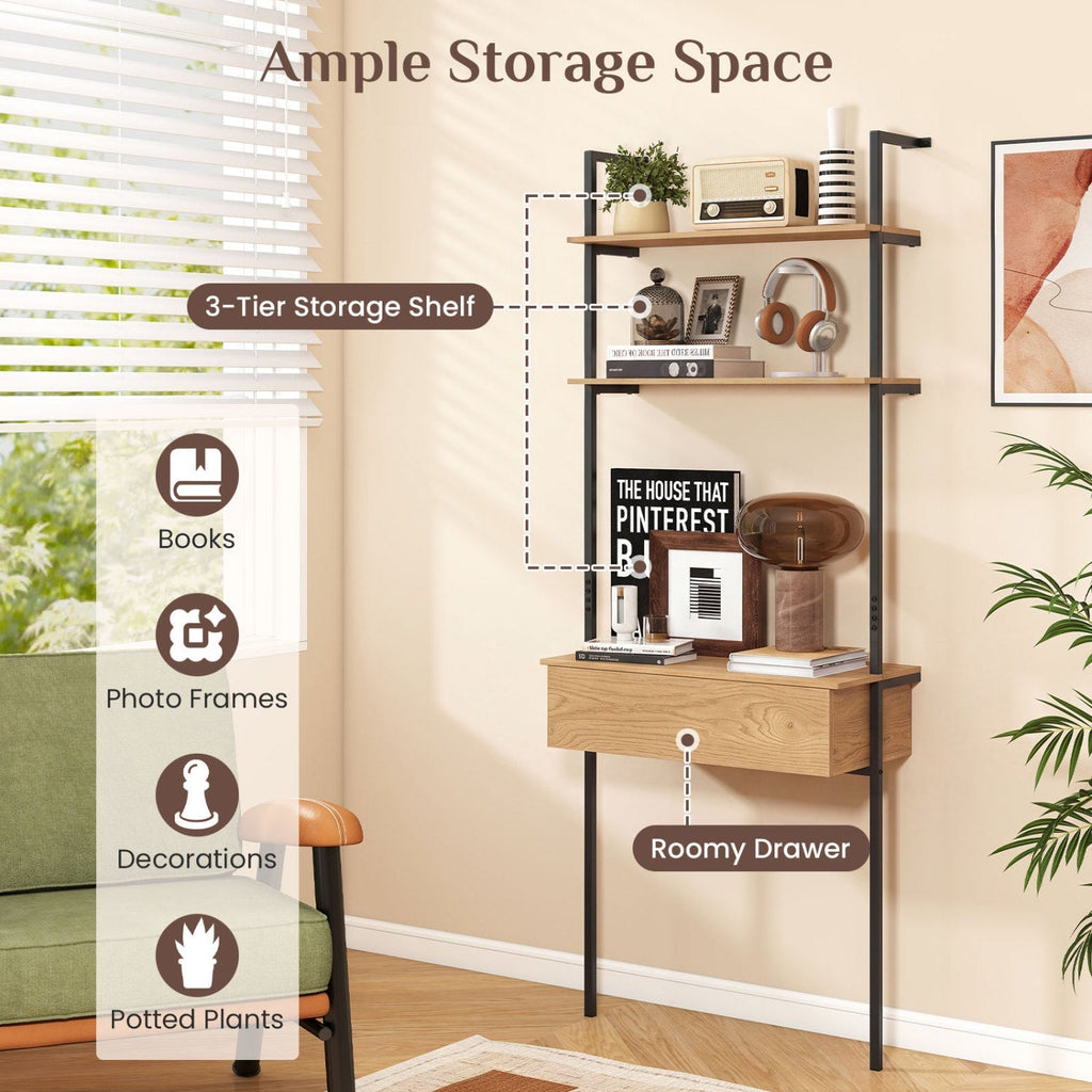 4-Tier Ladder Bookshelf with Drawer and Metal Frame