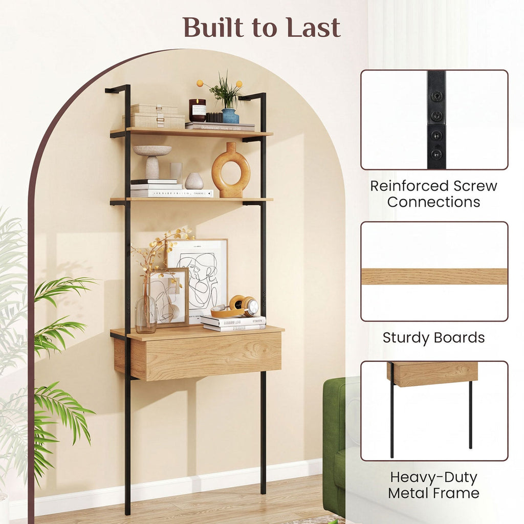 4-Tier Ladder Bookshelf with Drawer and Metal Frame