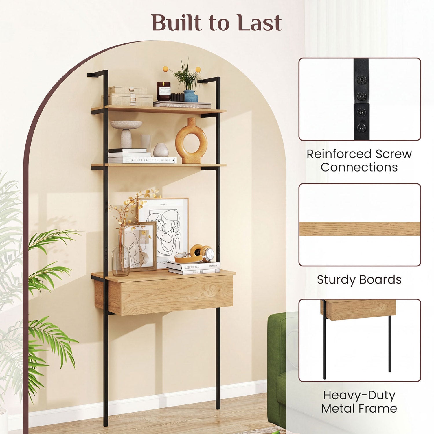 4-Tier Ladder Bookshelf with Drawer and Metal Frame