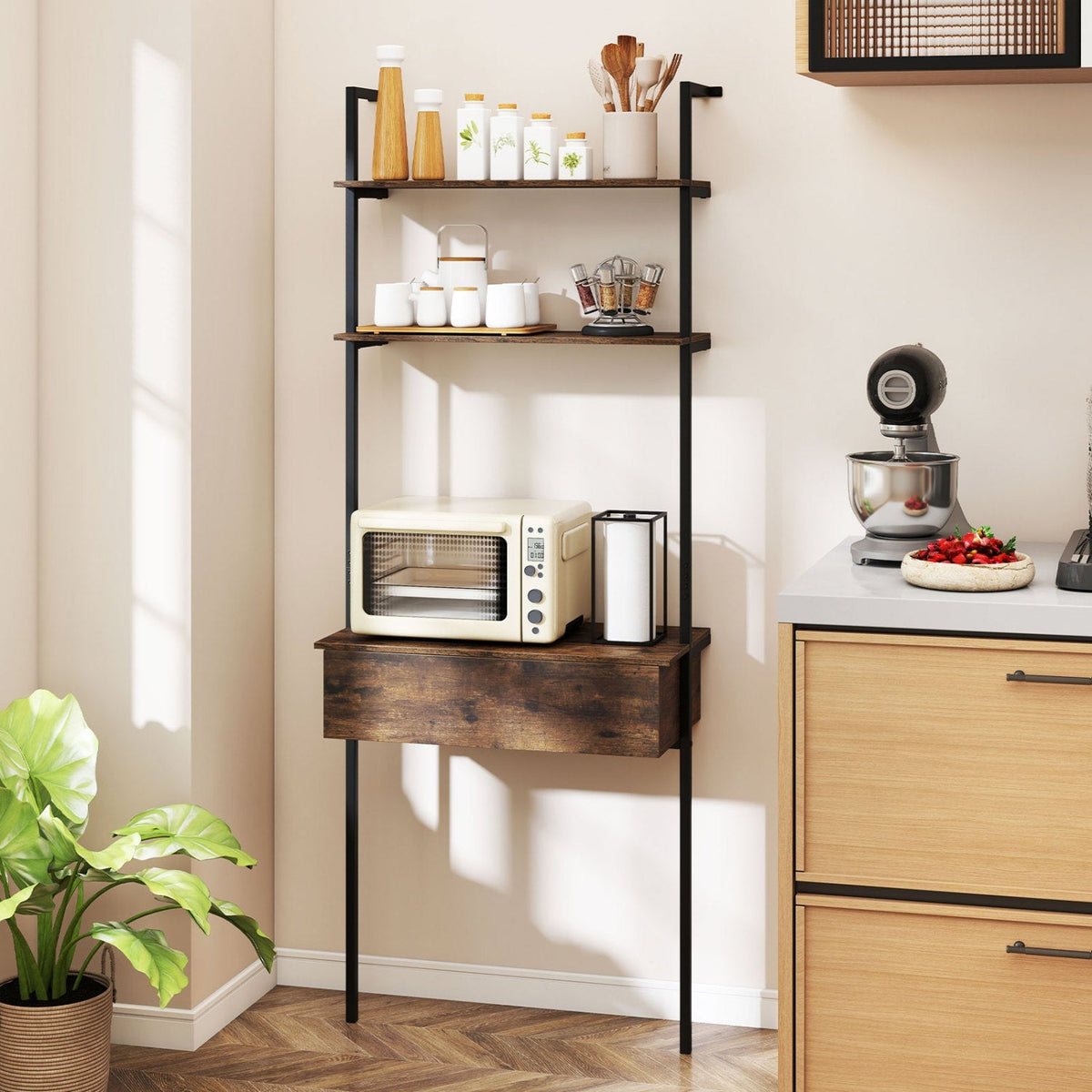 4-Tier Ladder Bookshelf with Drawer and Metal Frame