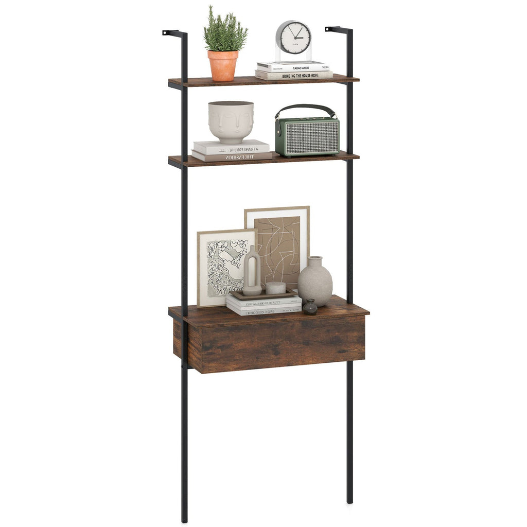 4-Tier Ladder Bookshelf with Drawer and Metal Frame