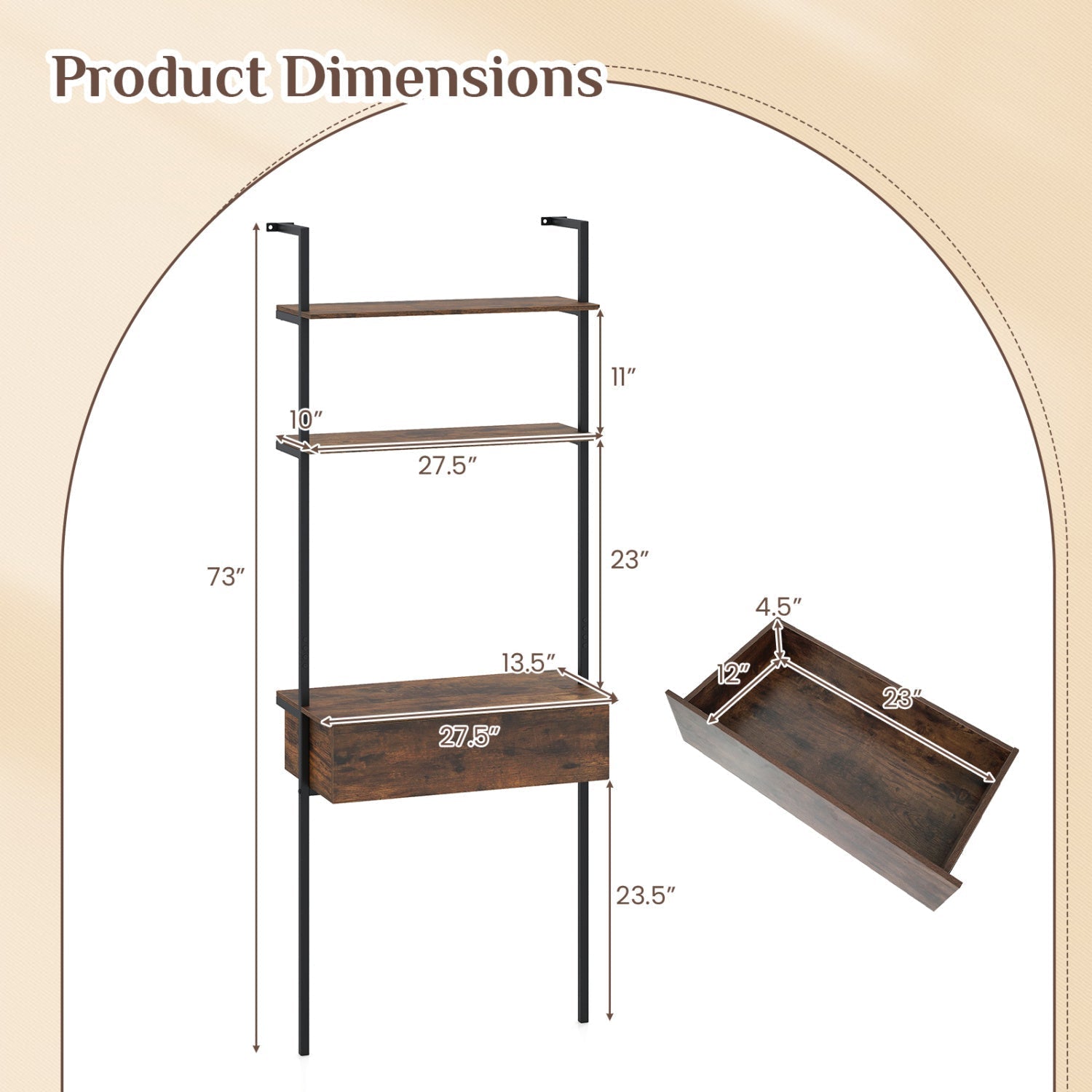 4-Tier Ladder Bookshelf with Drawer and Metal Frame