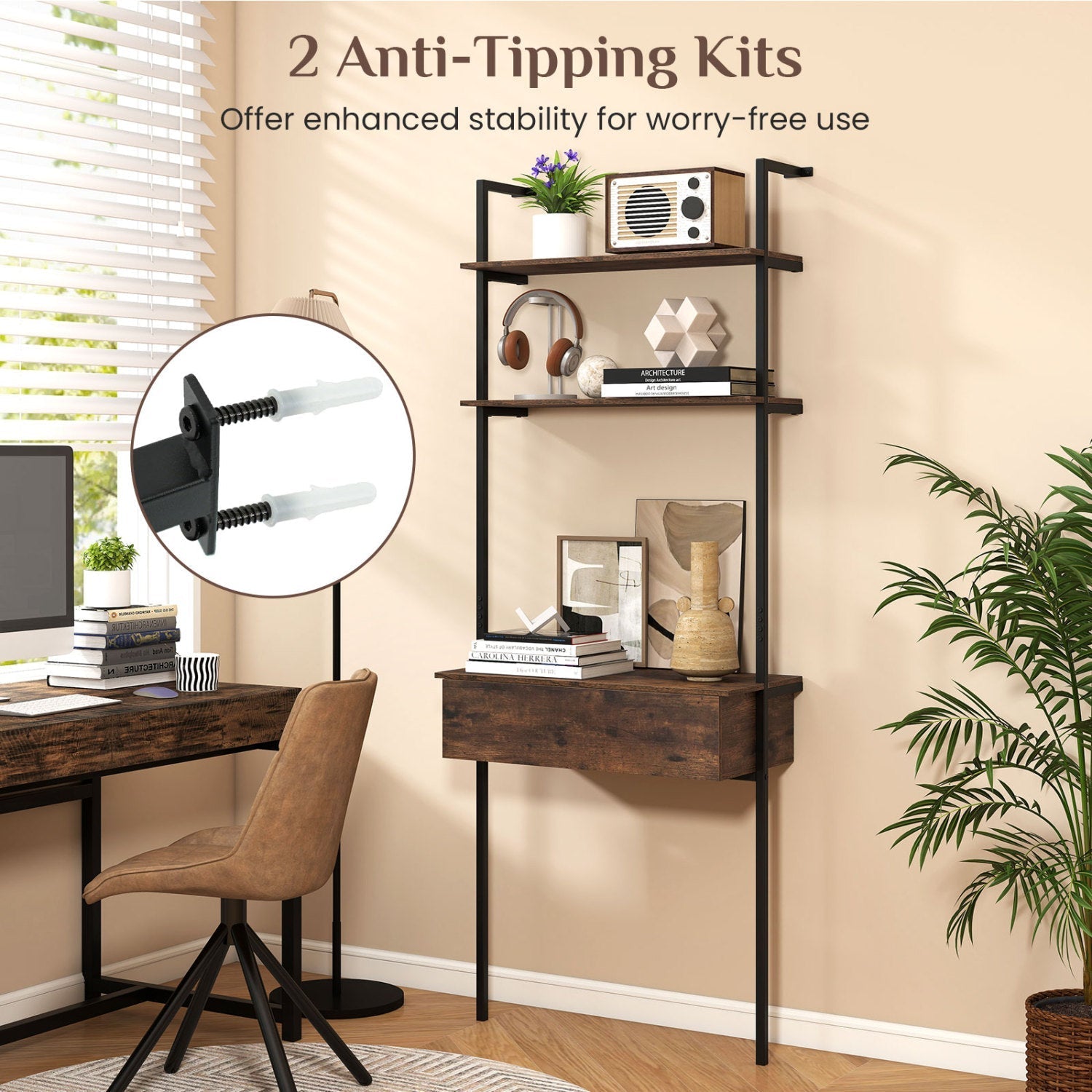 4-Tier Ladder Bookshelf with Drawer and Metal Frame