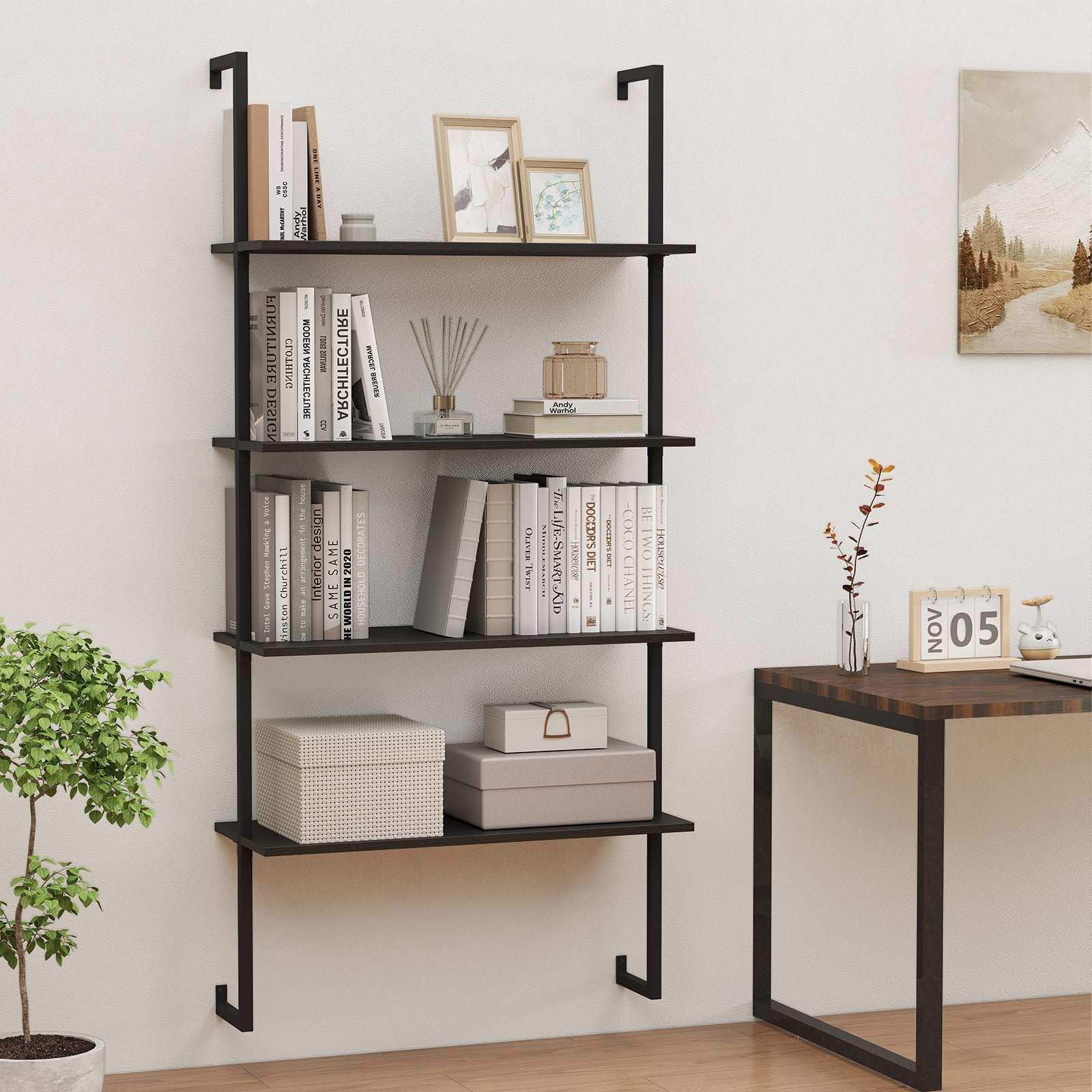 4-Tier Ladder Shelf Open Wall Mounted Bookcase with Wooden Boards and Metal Frame-Black