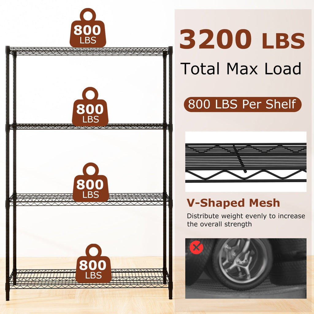 4-Tier Metal Storage Shelving Unit with V-Shaped Wire Rack-Black
