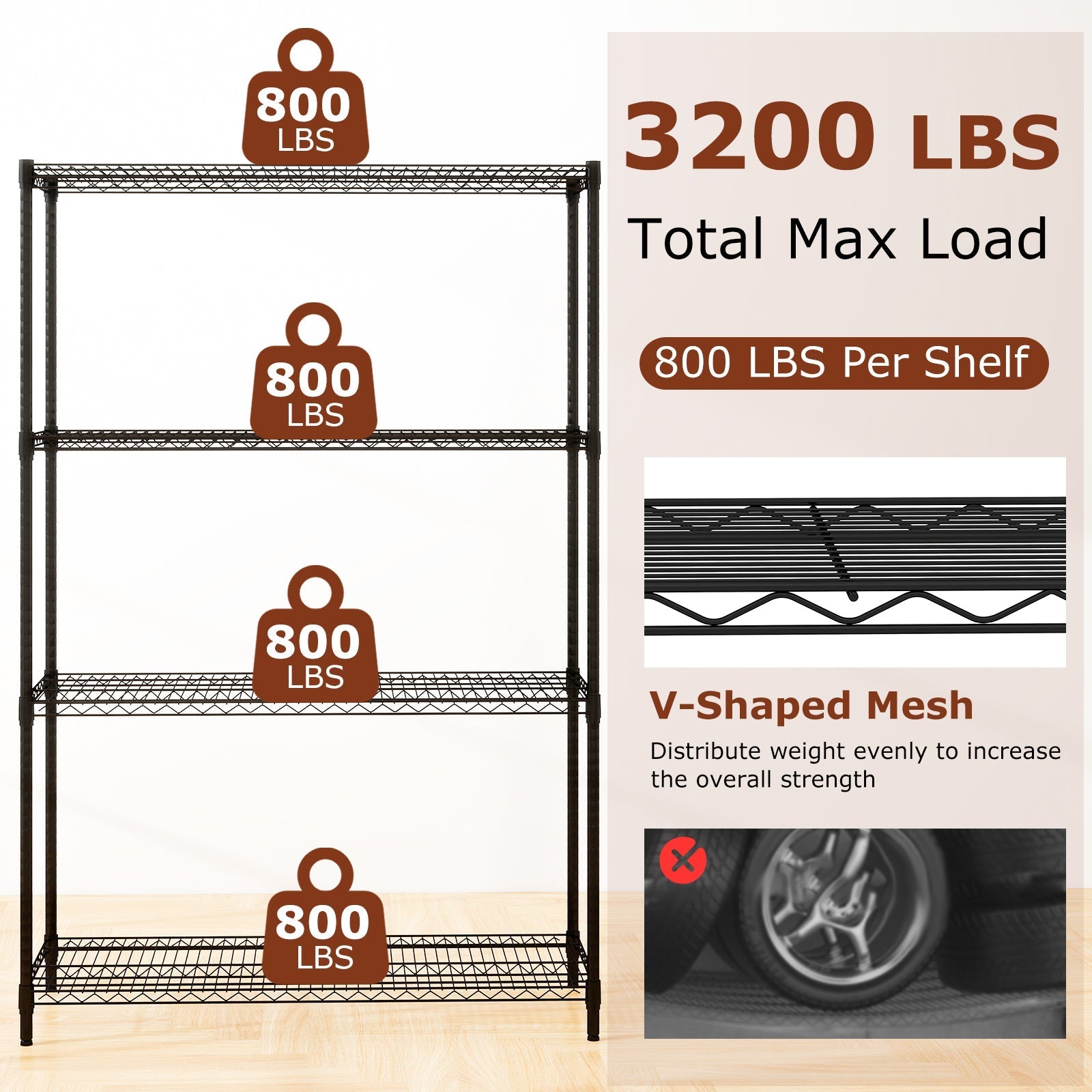 4-Tier Metal Storage Shelving Unit with V-Shaped Wire Rack-Black