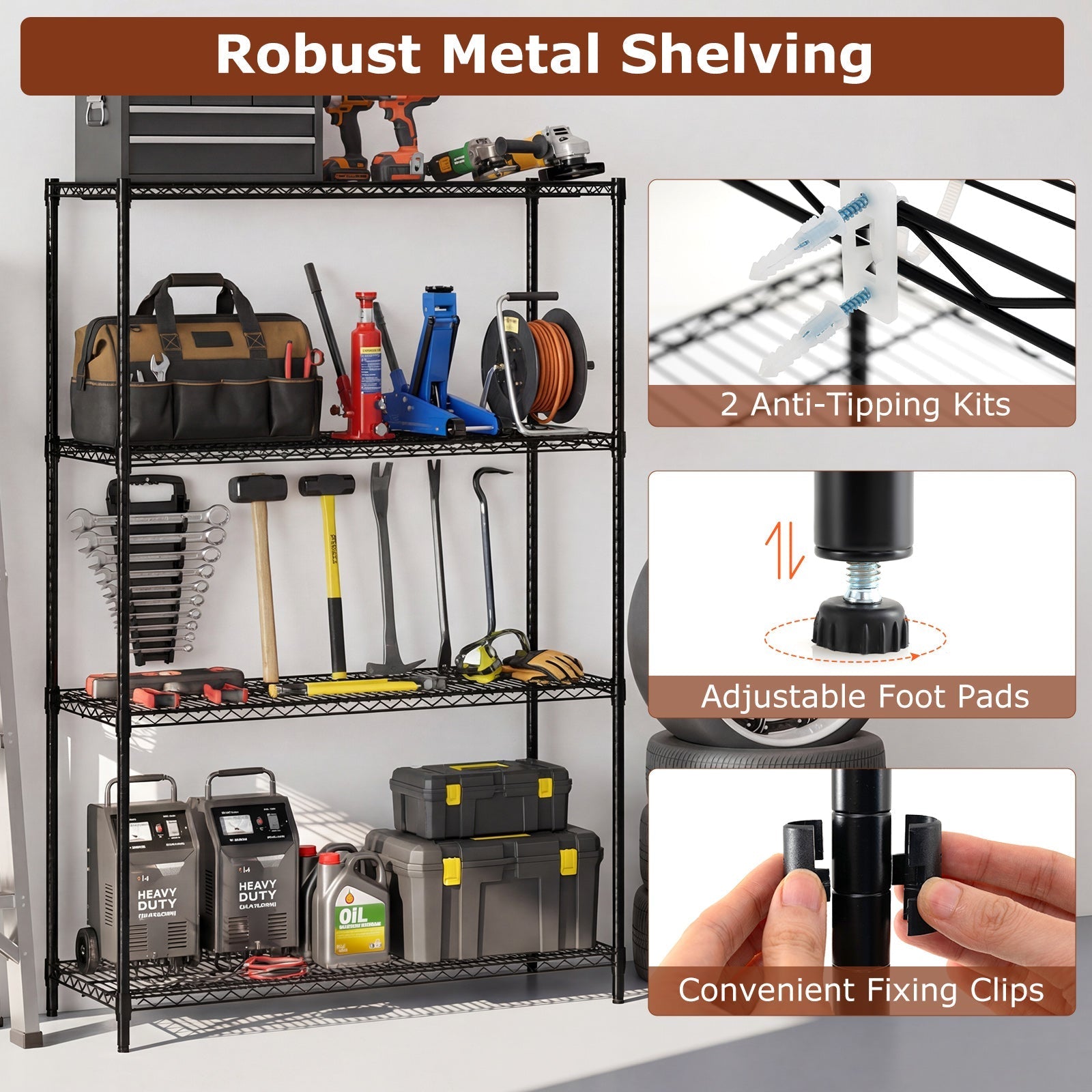 4-Tier Metal Storage Shelving Unit with V-Shaped Wire Rack-Black