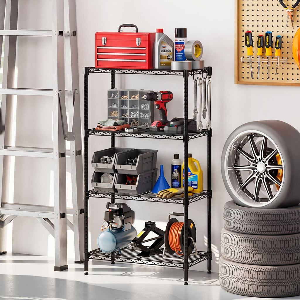 4-Tier Metal Storage Shelving Unit with V-Shaped Wire Rack and 600 LBS Capacity-Black