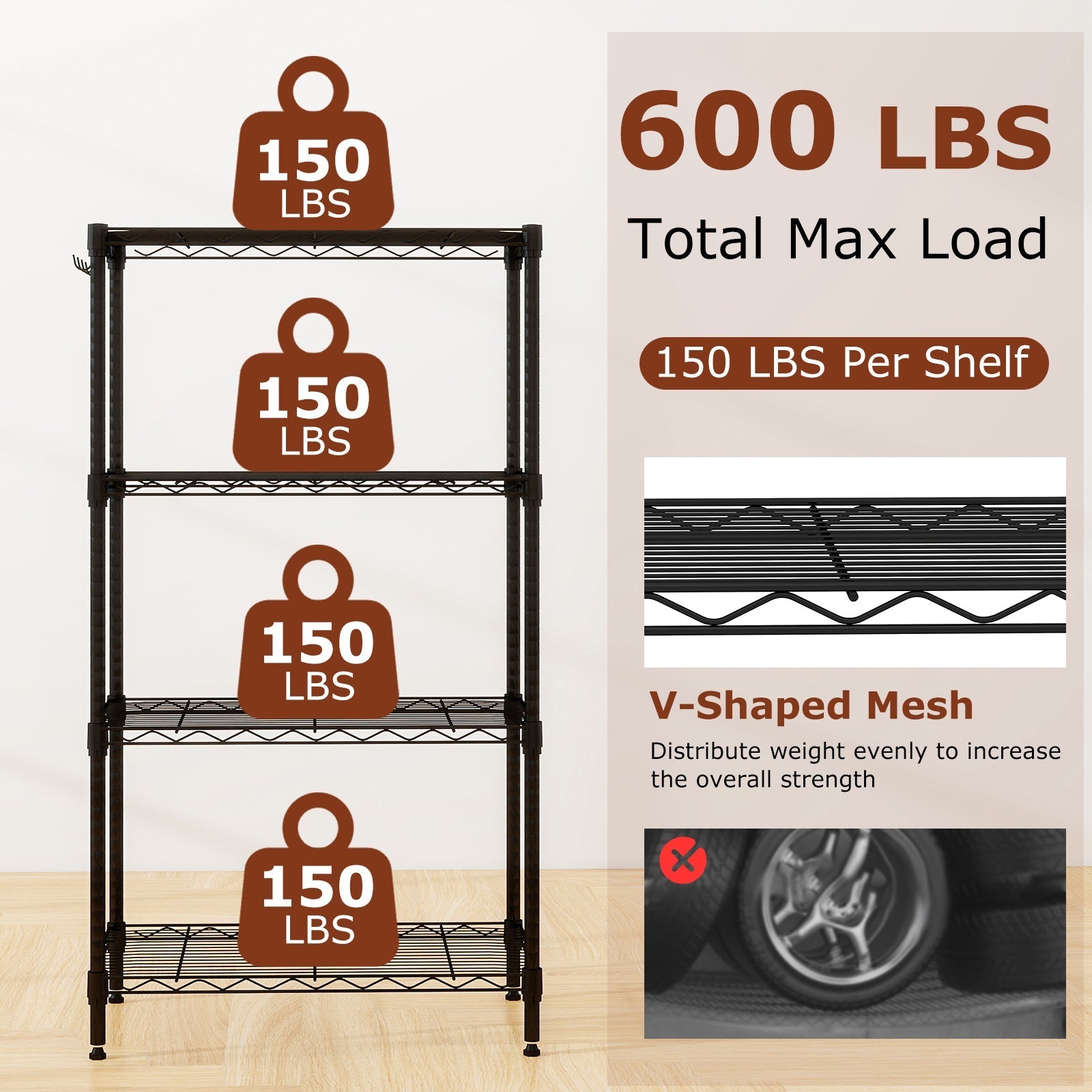 4-Tier Metal Storage Shelving Unit with V-Shaped Wire Rack and 600 LBS Capacity-Black