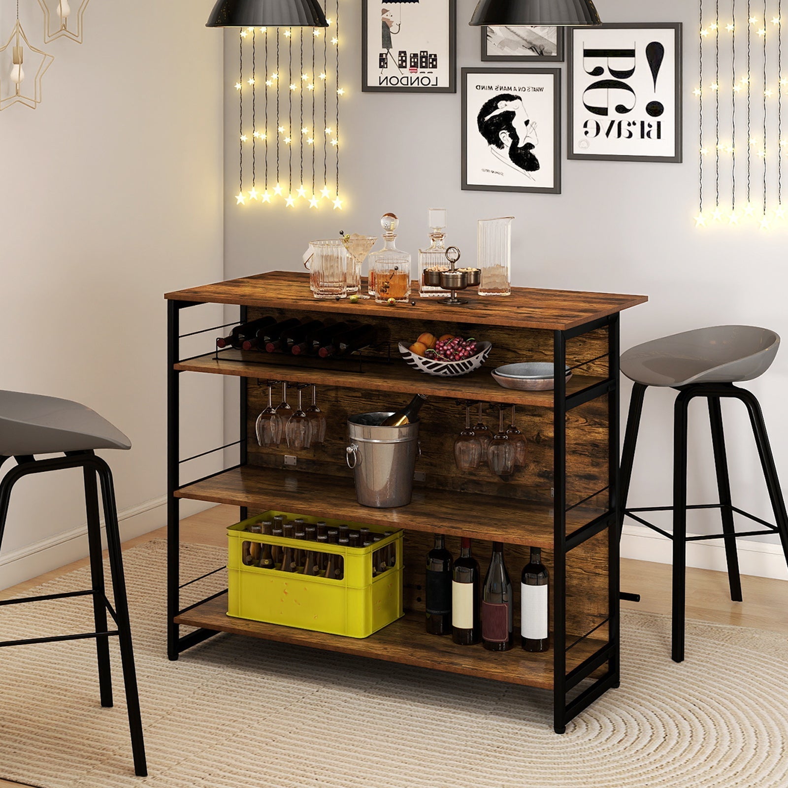 4-Tier Mini Bar Kitchen Island with Footrest and Wine Rack-Coffee