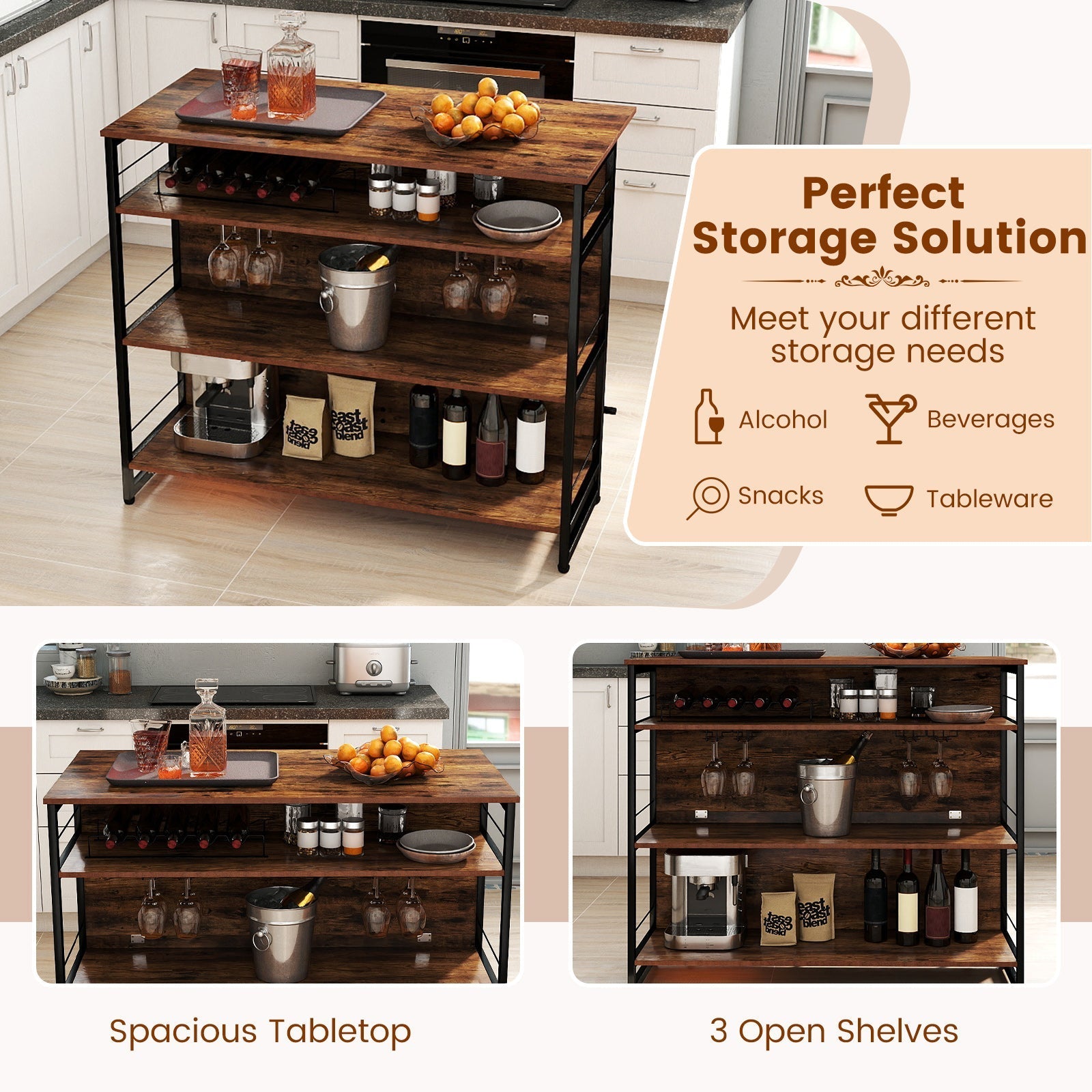 4-Tier Mini Bar Kitchen Island with Footrest and Wine Rack-Coffee