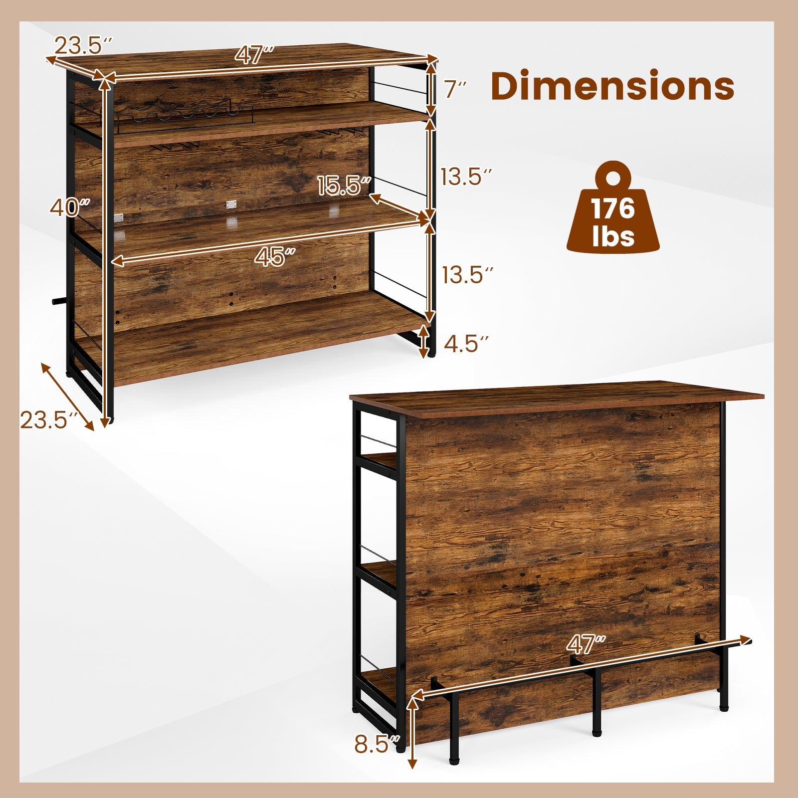 4-Tier Mini Bar Kitchen Island with Footrest and Wine Rack-Coffee