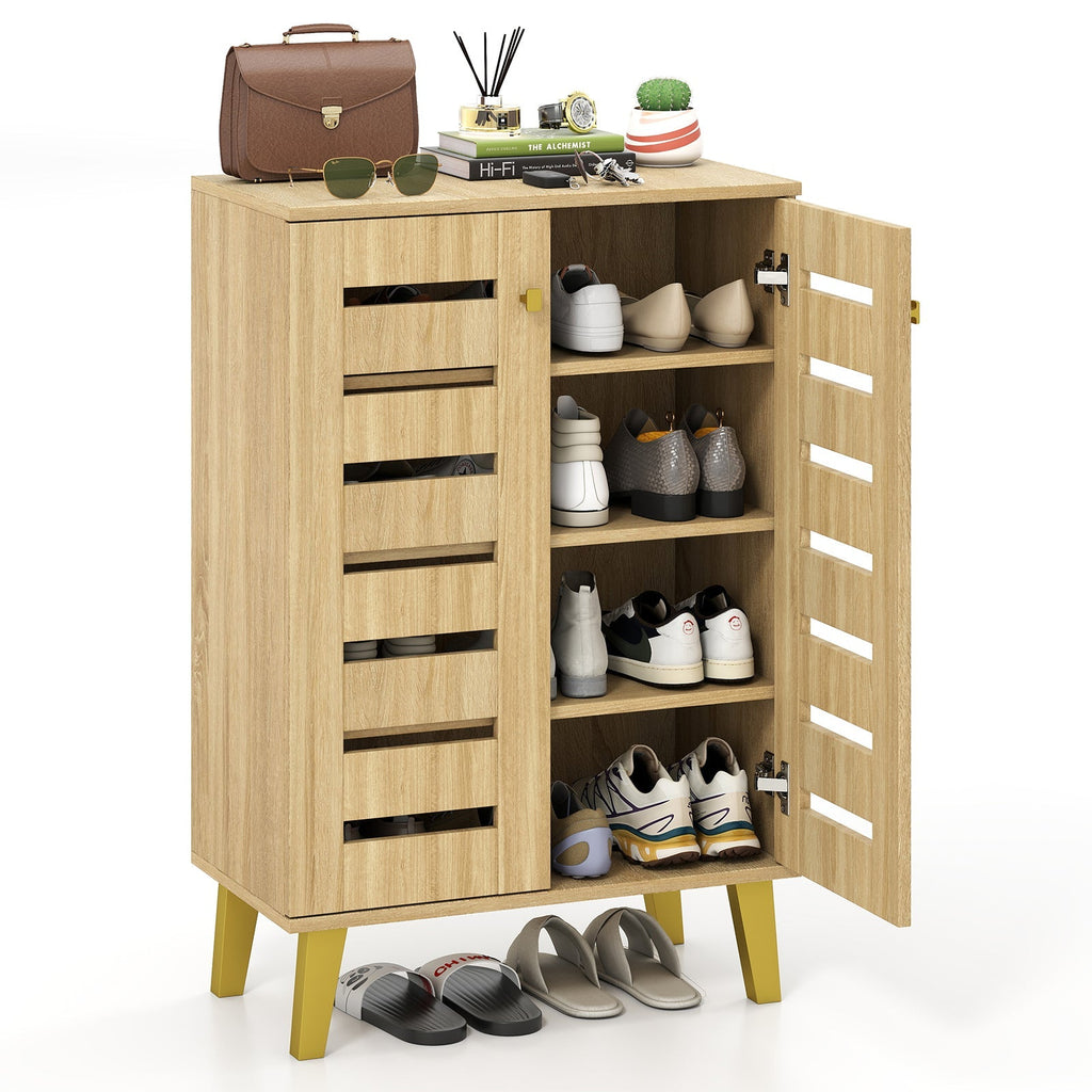 4-Tier Modern Freestanding Wooden Shoe Cabinet with Doors and Removable Shelves-Oak