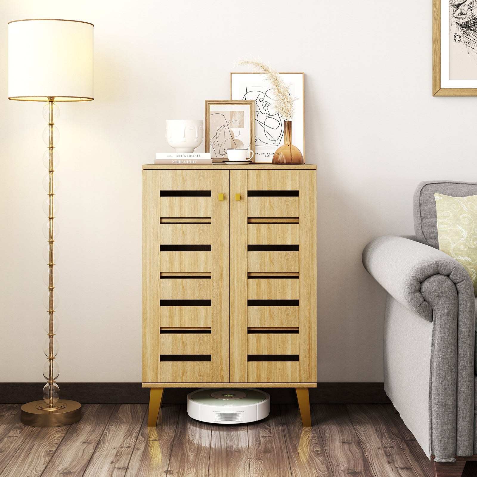 4-Tier Modern Freestanding Wooden Shoe Cabinet with Doors and Removable Shelves-Oak