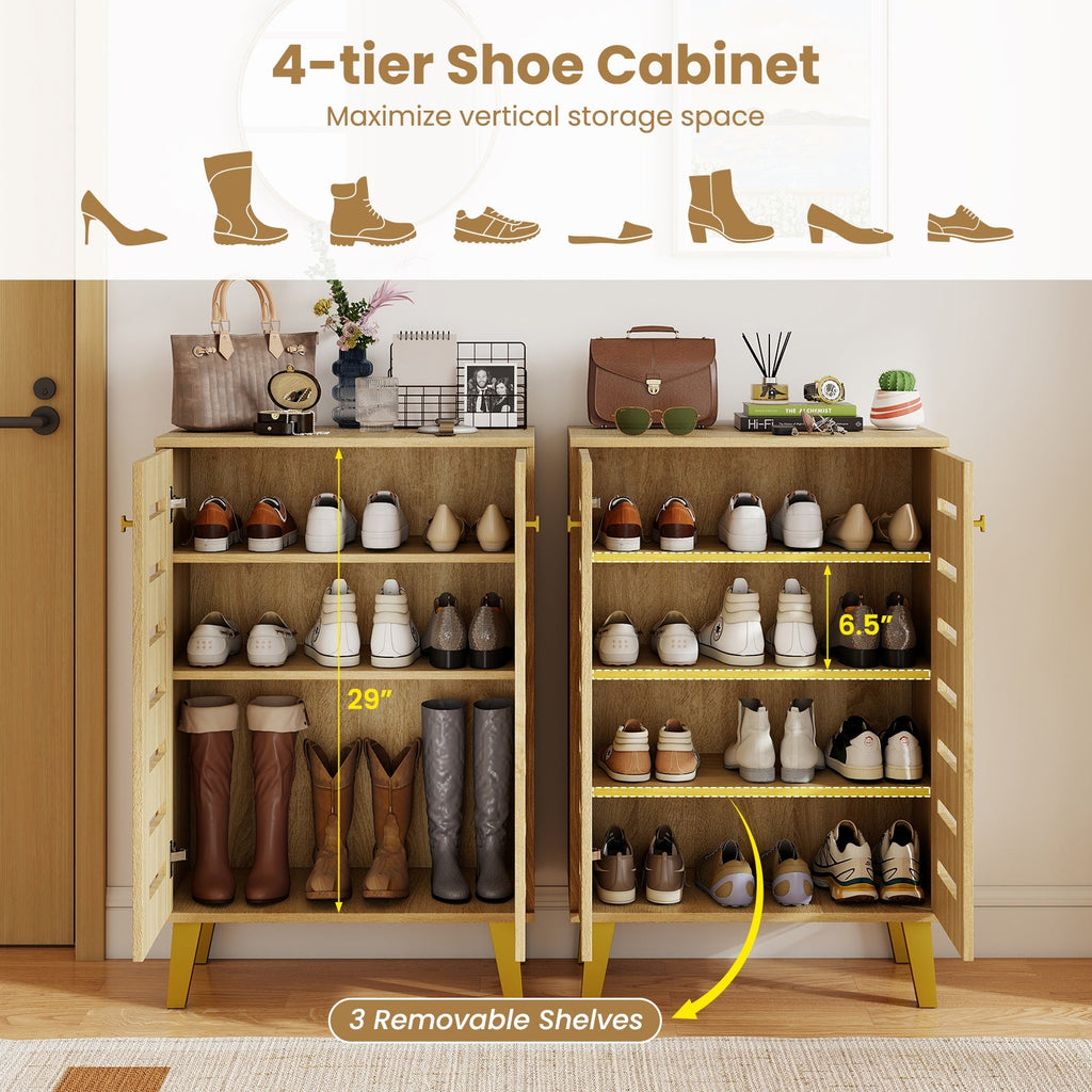 4-Tier Modern Freestanding Wooden Shoe Cabinet with Doors and Removable Shelves-Oak