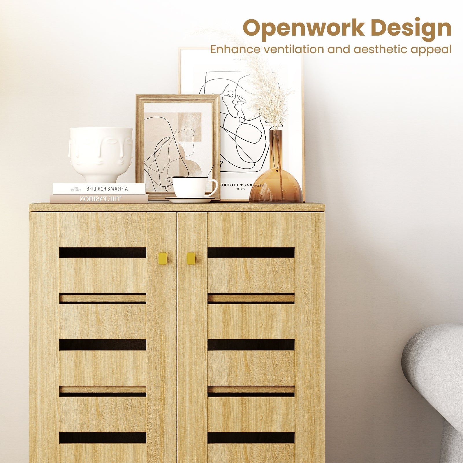 4-Tier Modern Freestanding Wooden Shoe Cabinet with Doors and Removable Shelves-Oak