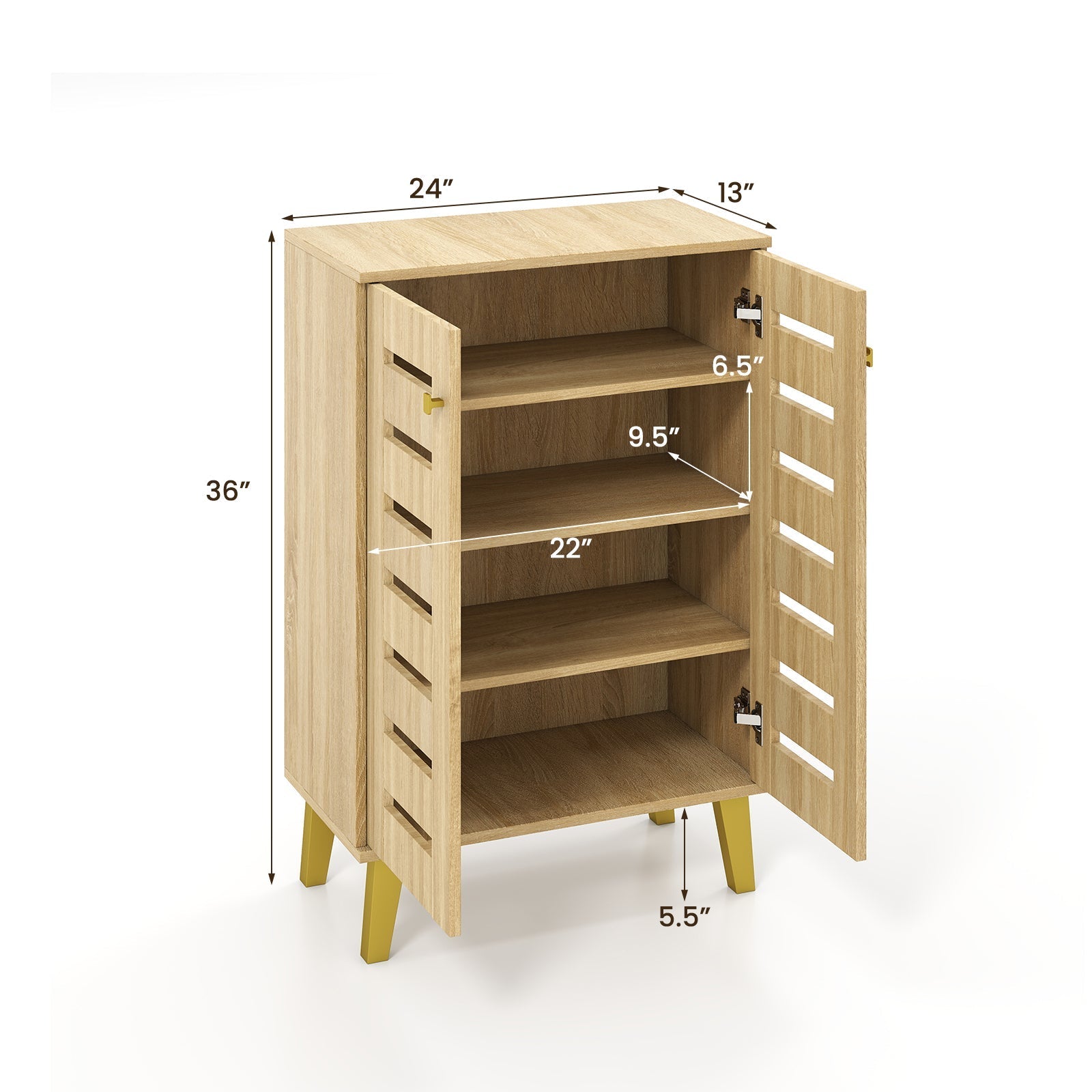 4-Tier Modern Freestanding Wooden Shoe Cabinet with Doors and Removable Shelves-Oak