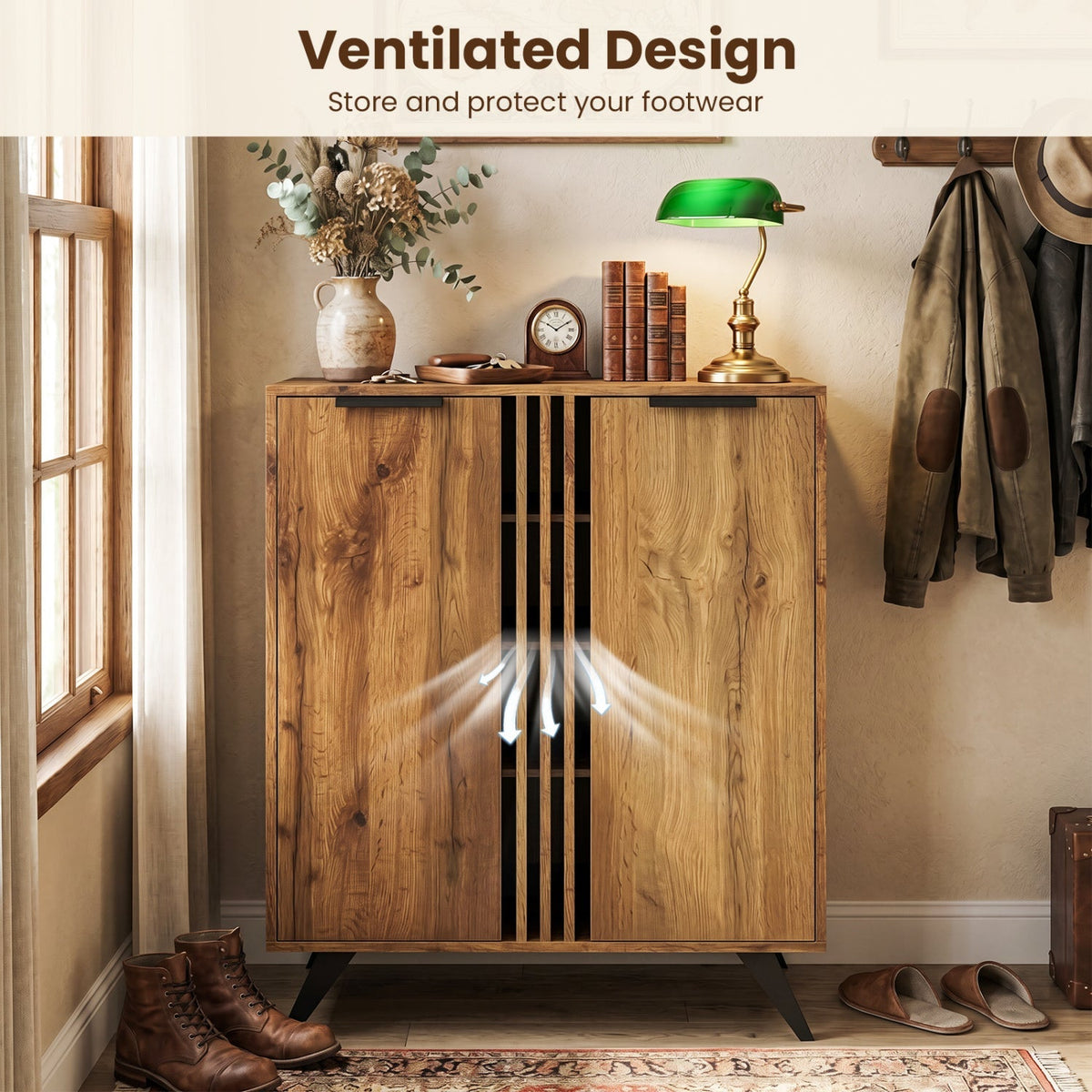 4-Tier Shoe Cabinet with 2 Doors - Natural Wood Finish