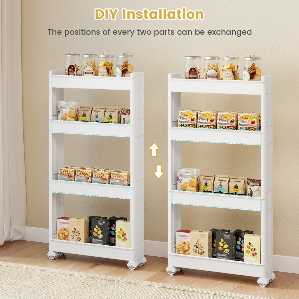 4-Tier Multifunctional Slim Storage Trolley with Detachable Trays-White