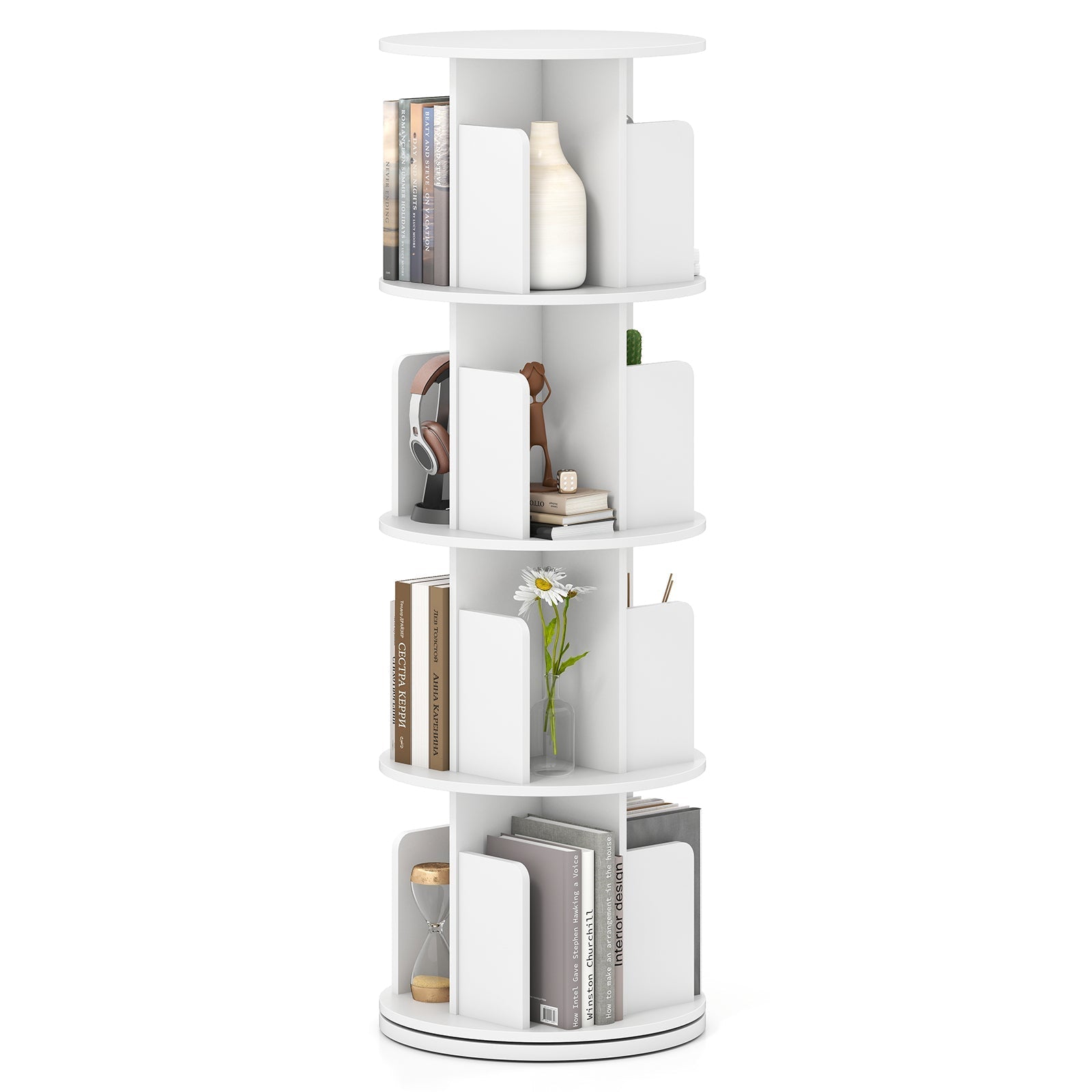 4-Tier Rotating Bookshelf 360¬∞ Display Rack with Dividers and Anti-falling Baffles