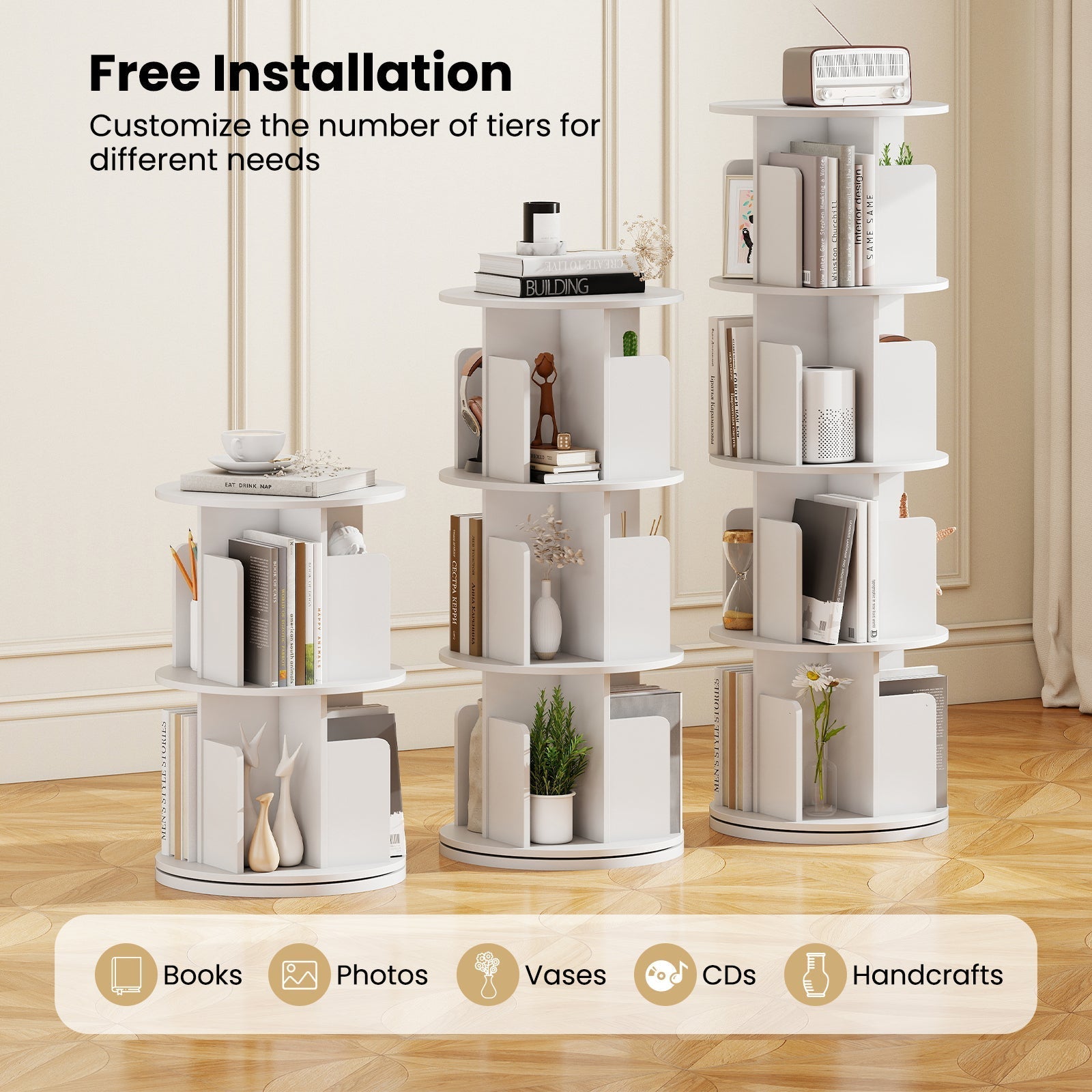 4-Tier Rotating Bookshelf 360¬∞ Display Rack with Dividers and Anti-falling Baffles