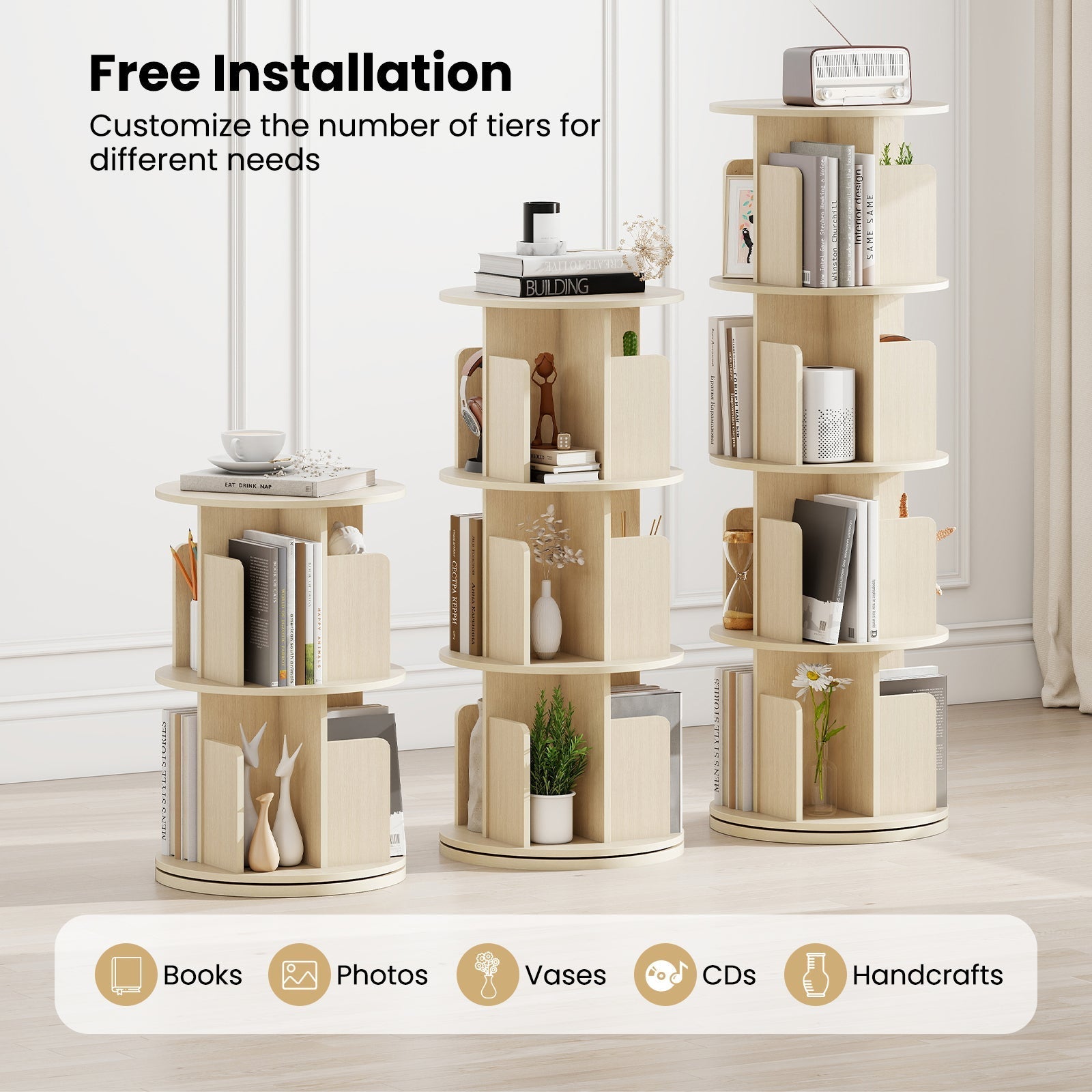 4-Tier Rotating Bookshelf 360¬∞ Display Rack with Dividers and Anti-falling Baffles