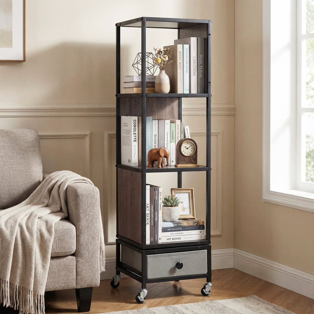 4-Tier Rotating Bookshelf on Wheels with Removable Drawer