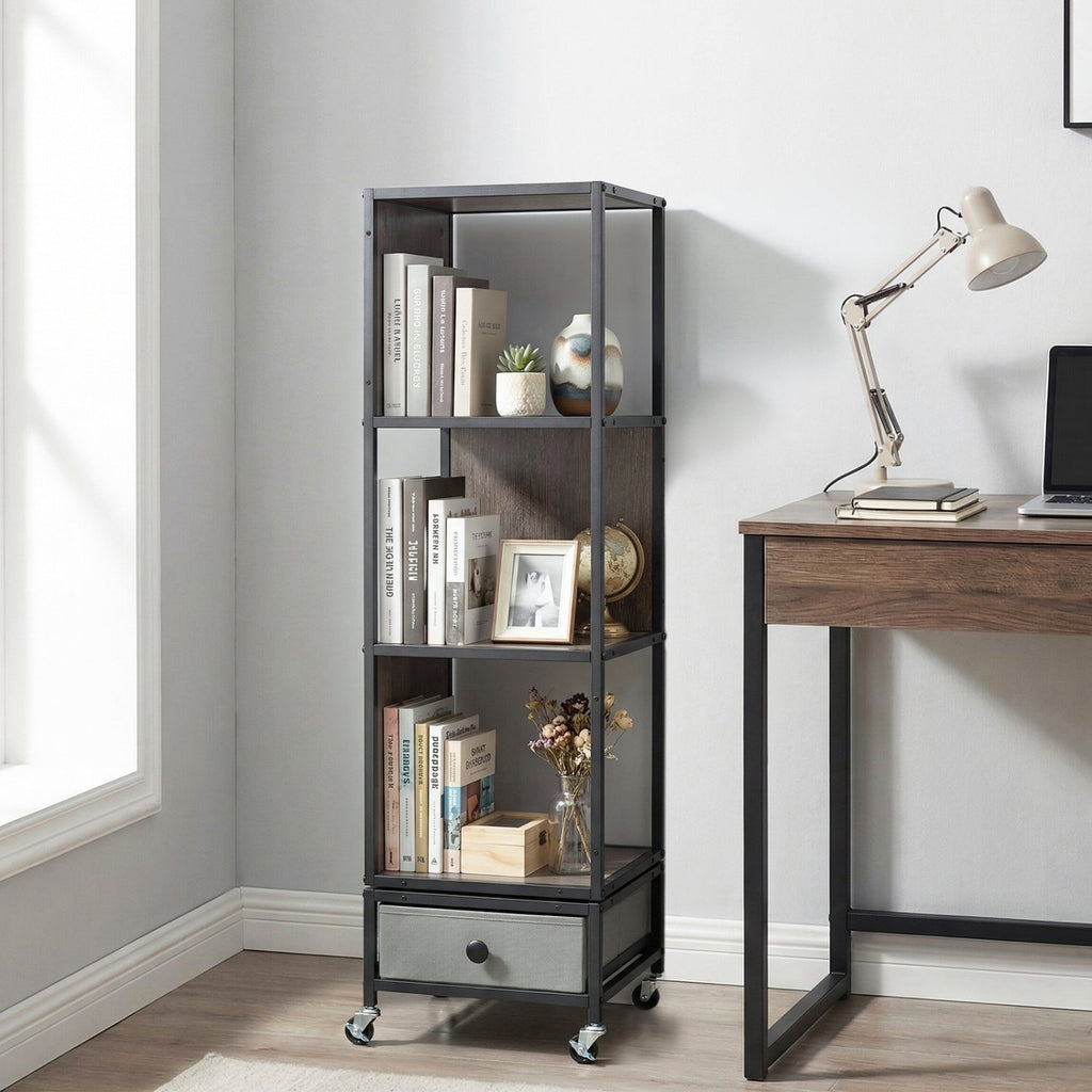 4-Tier Rotating Bookshelf on Wheels with Removable Drawer