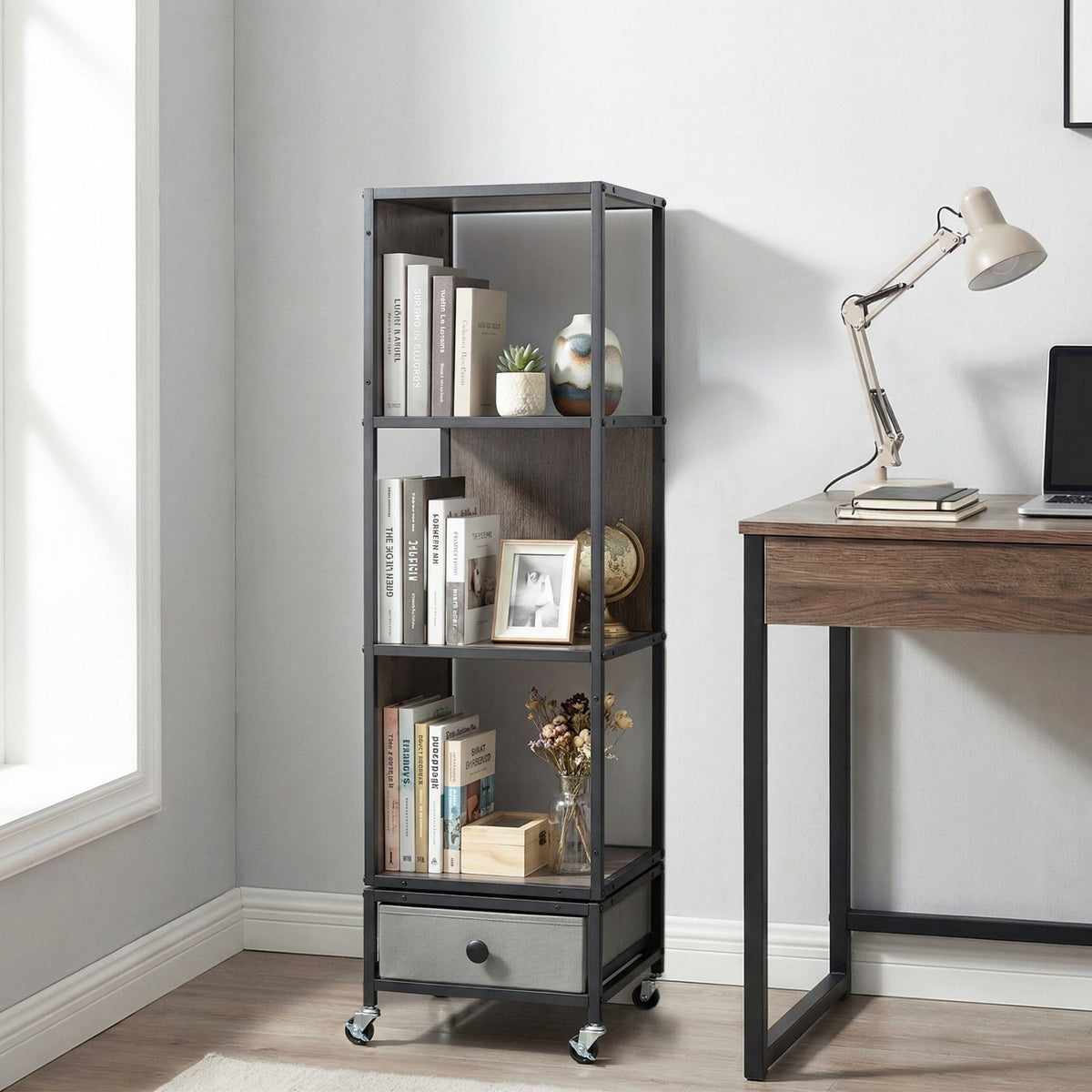 4-Tier Rotating Bookshelf on Wheels with Removable Drawer
