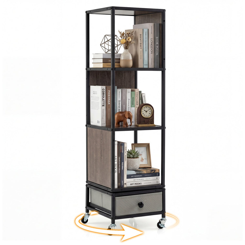 4-Tier Rotating Bookshelf on Wheels with Removable Drawer