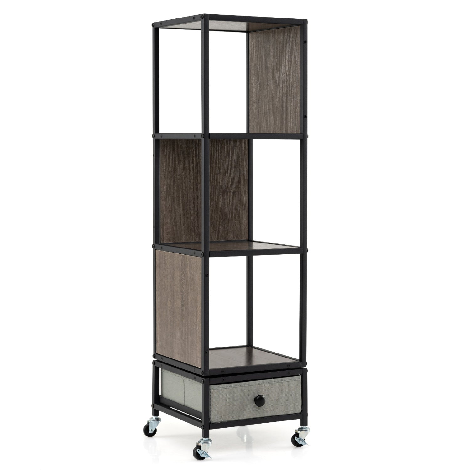 4-Tier Rotating Bookshelf on Wheels with Removable Drawer