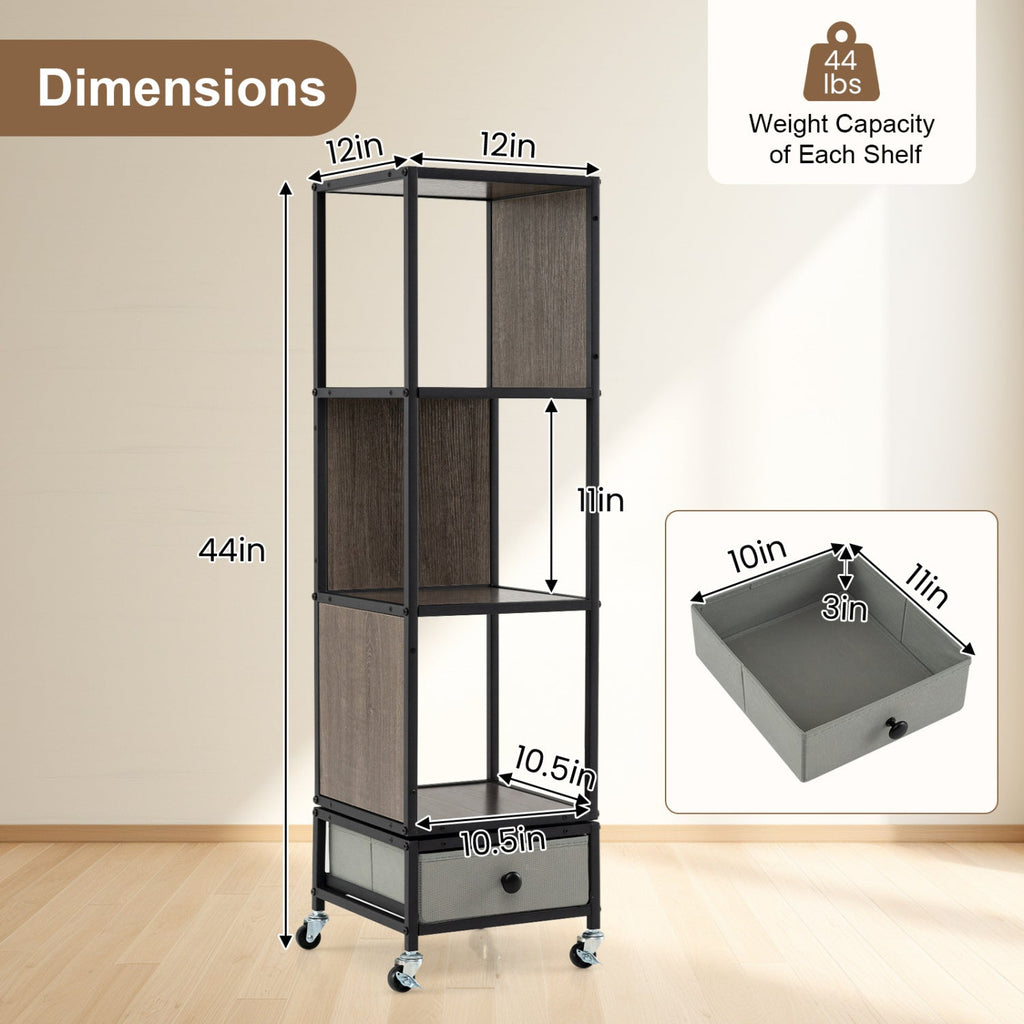 4-Tier Rotating Bookshelf on Wheels with Removable Drawer