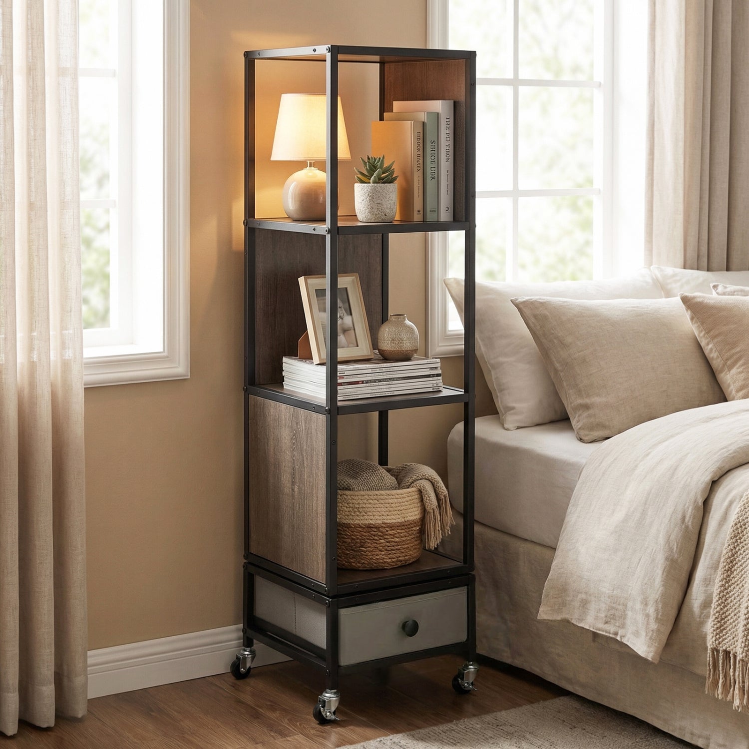 4-Tier Rotating Bookshelf on Wheels with Removable Drawer