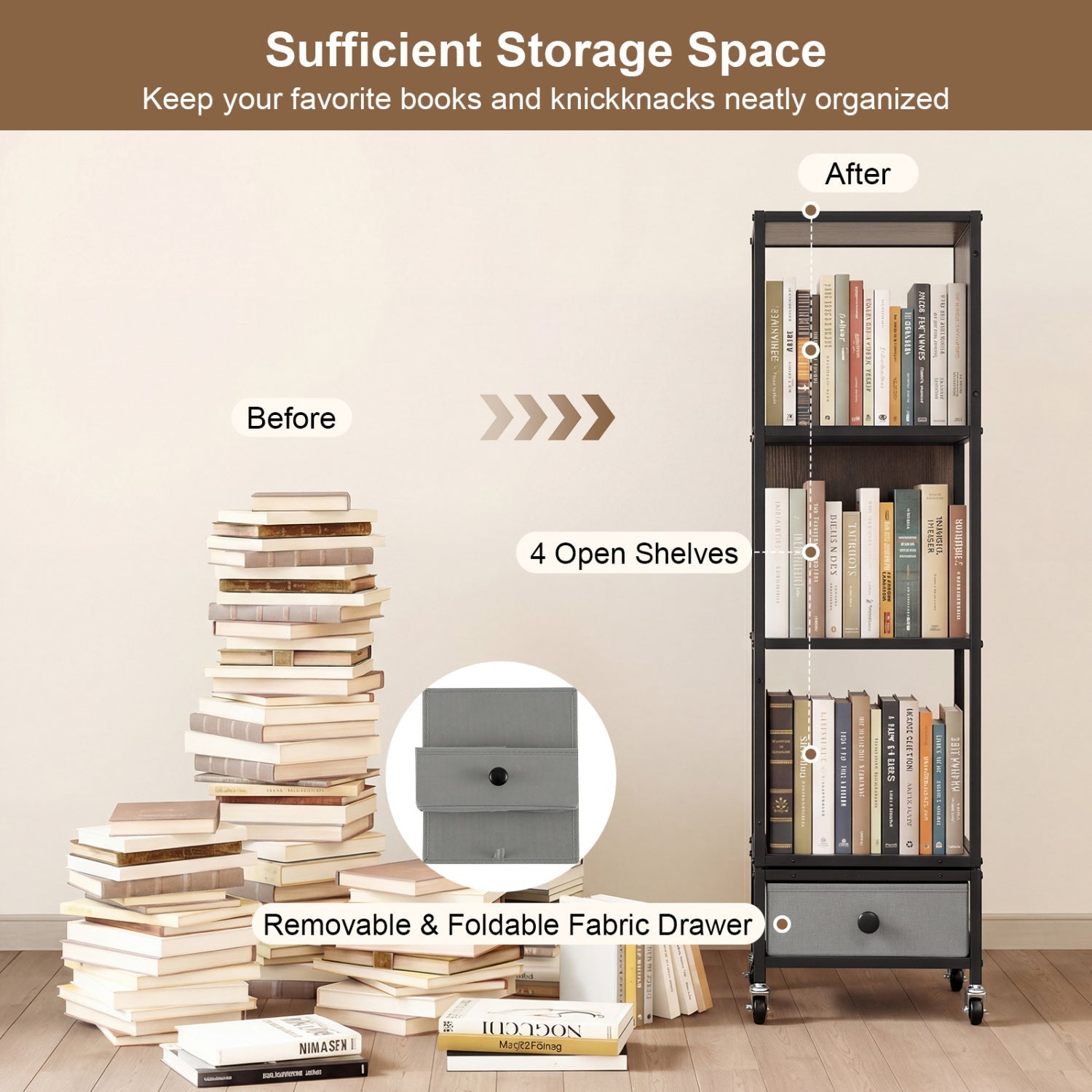 4-Tier Rotating Bookshelf on Wheels with Removable Drawer