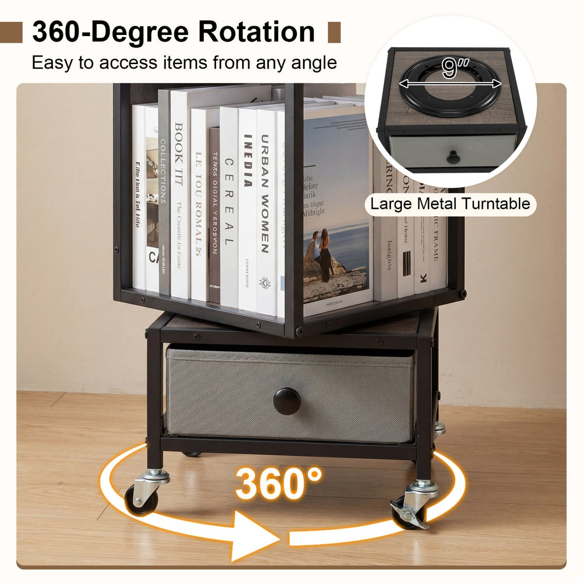 4-Tier Rotating Bookshelf on Wheels with Removable Drawer