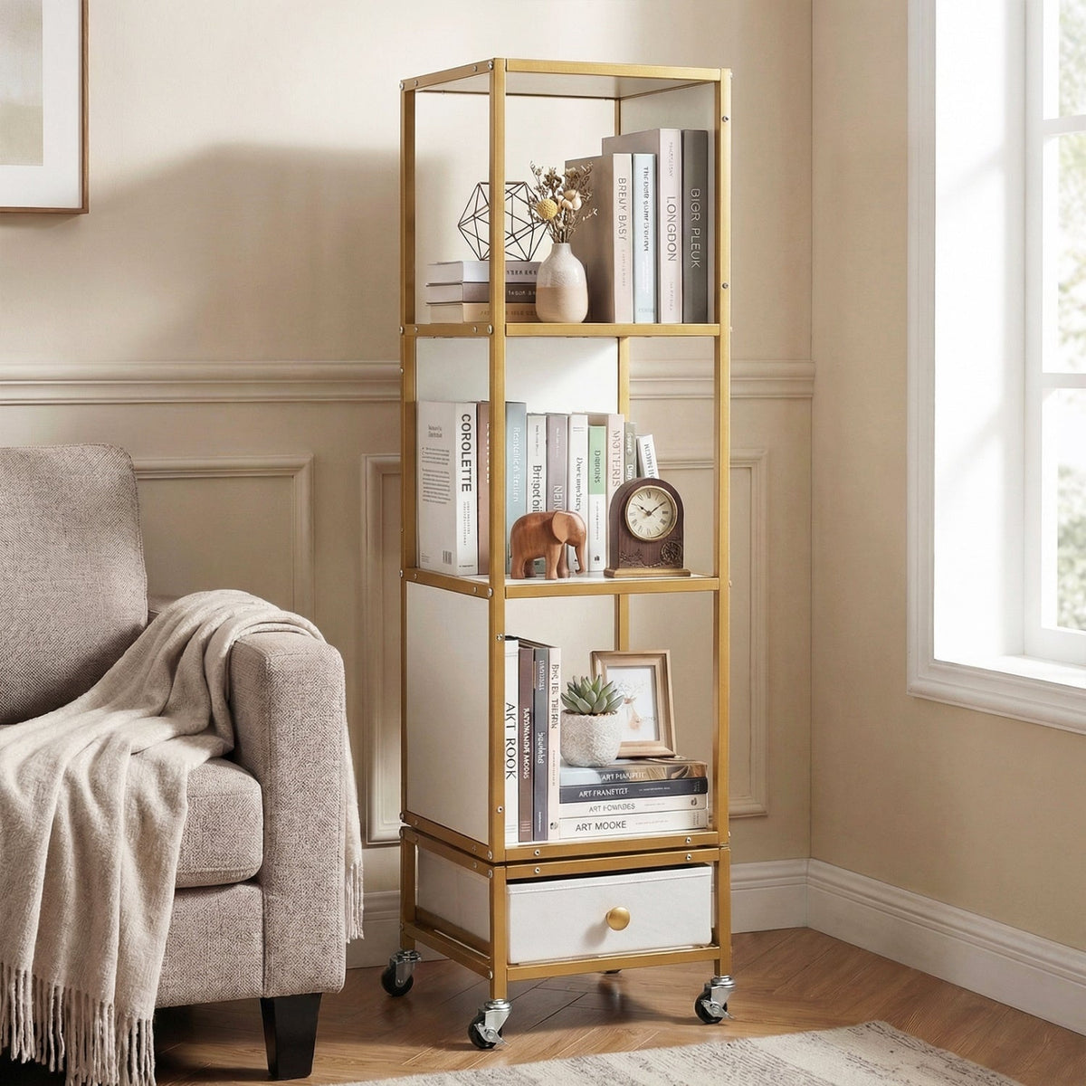 4-Tier Rotating Bookshelf on Wheels with Removable Drawer