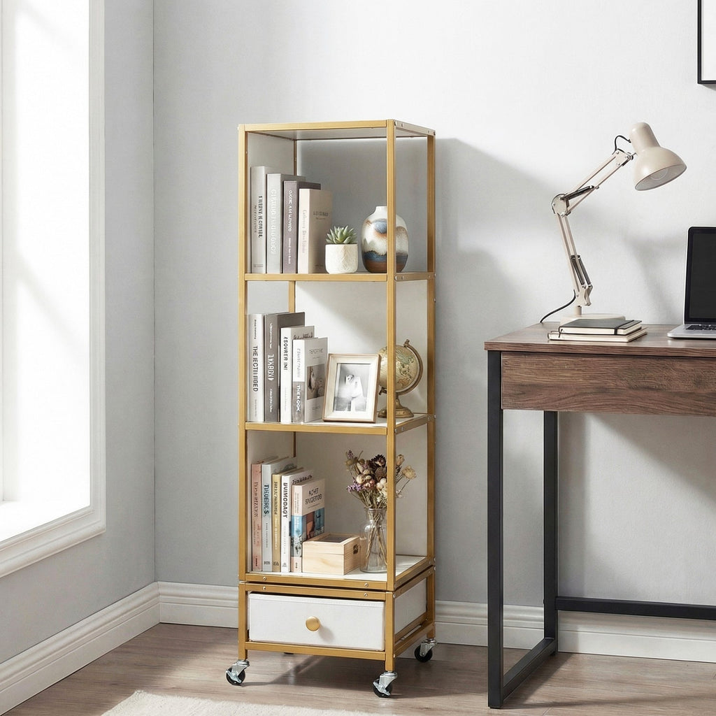 4-Tier Rotating Bookshelf on Wheels with Removable Drawer