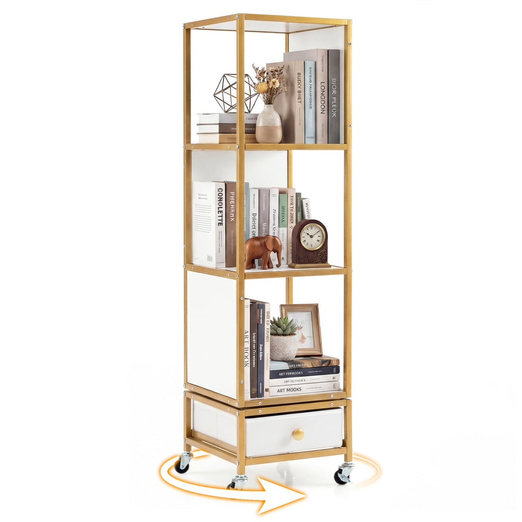 4-Tier Rotating Bookshelf on Wheels with Removable Drawer