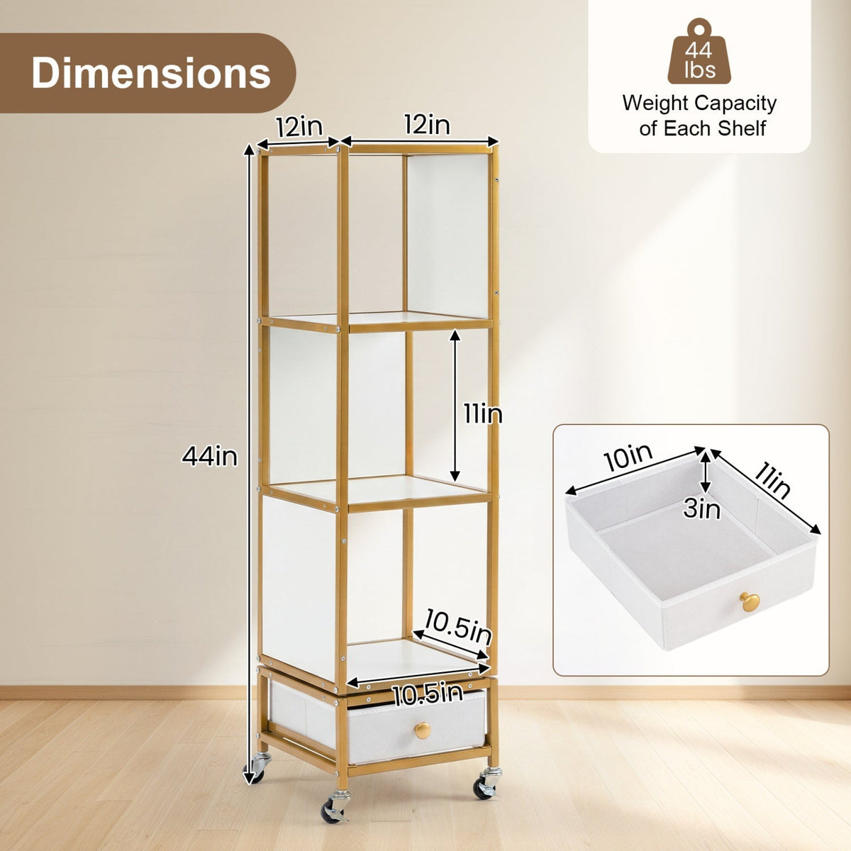 4-Tier Rotating Bookshelf on Wheels with Removable Drawer