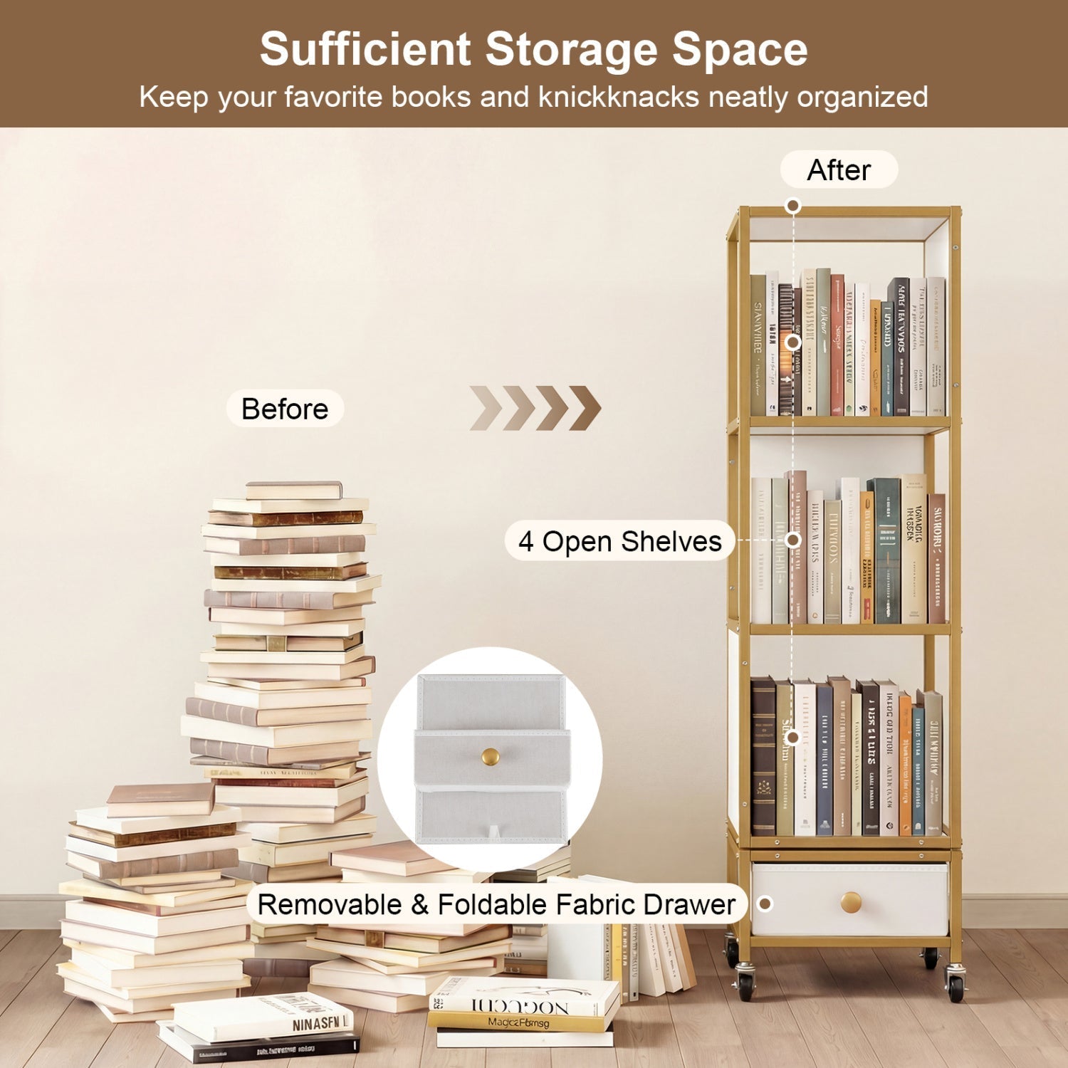 4-Tier Rotating Bookshelf on Wheels with Removable Drawer