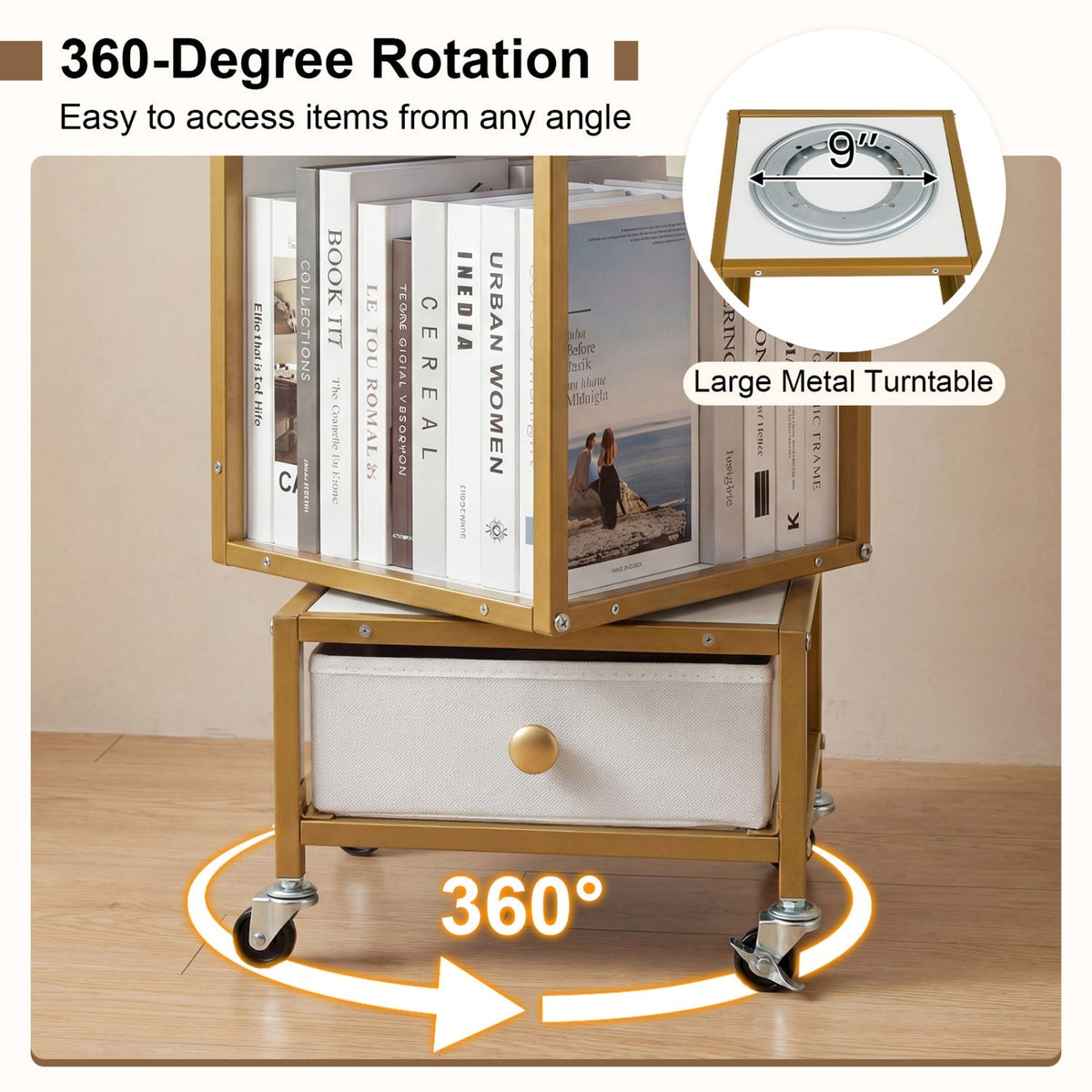 4-Tier Rotating Bookshelf on Wheels with Removable Drawer