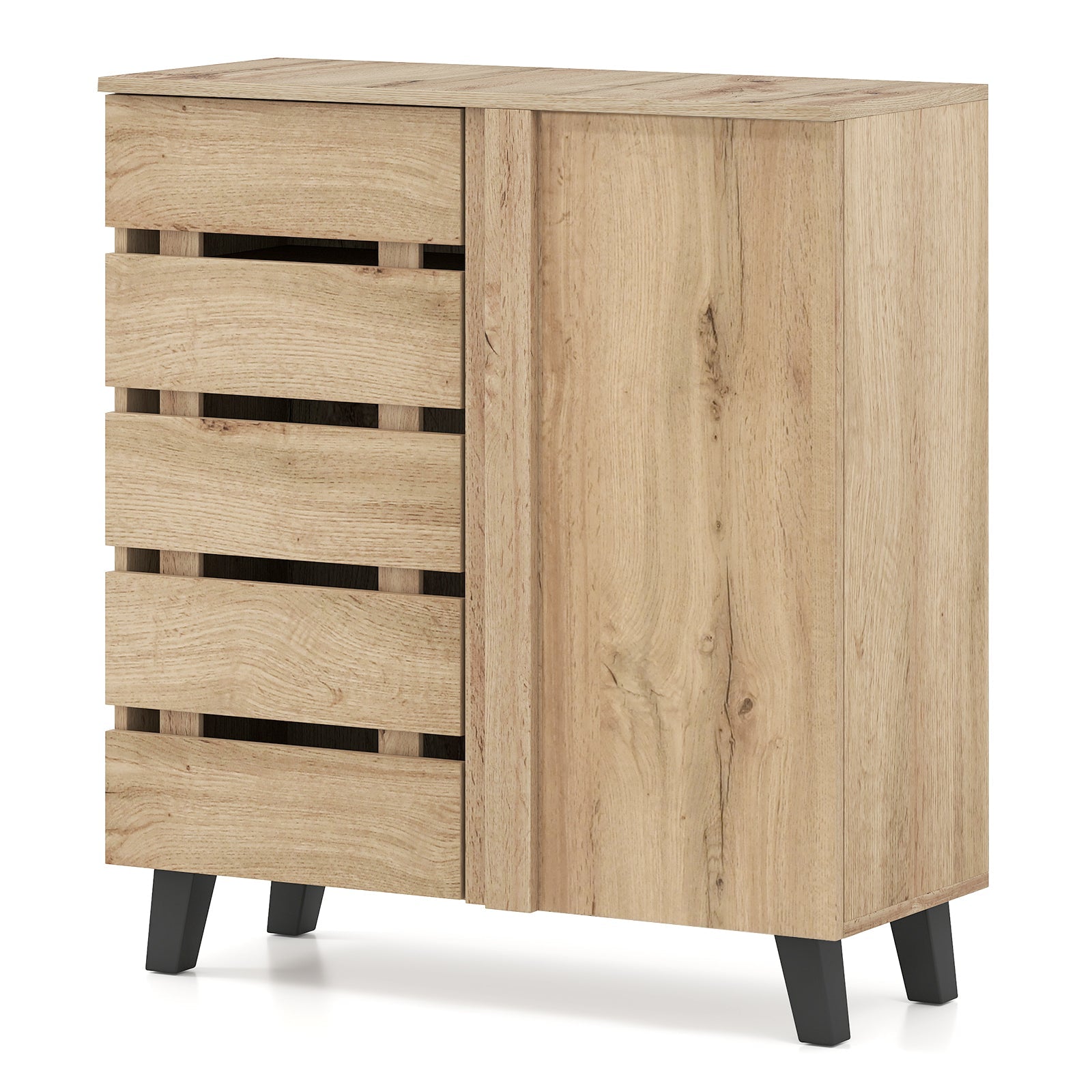 4-Tier Shoe Cabinet 2-Door Storage Organizer with Louvered Door-Natural