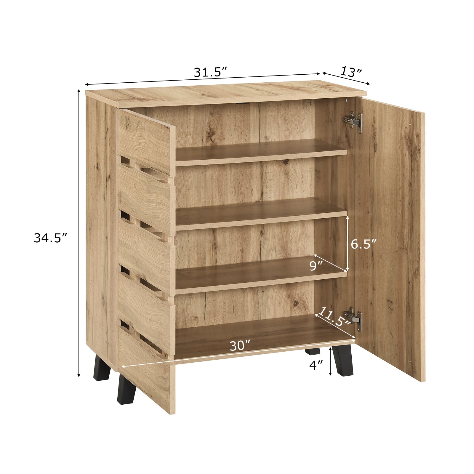 4-Tier Shoe Cabinet 2-Door Storage Organizer with Louvered Door-Natural