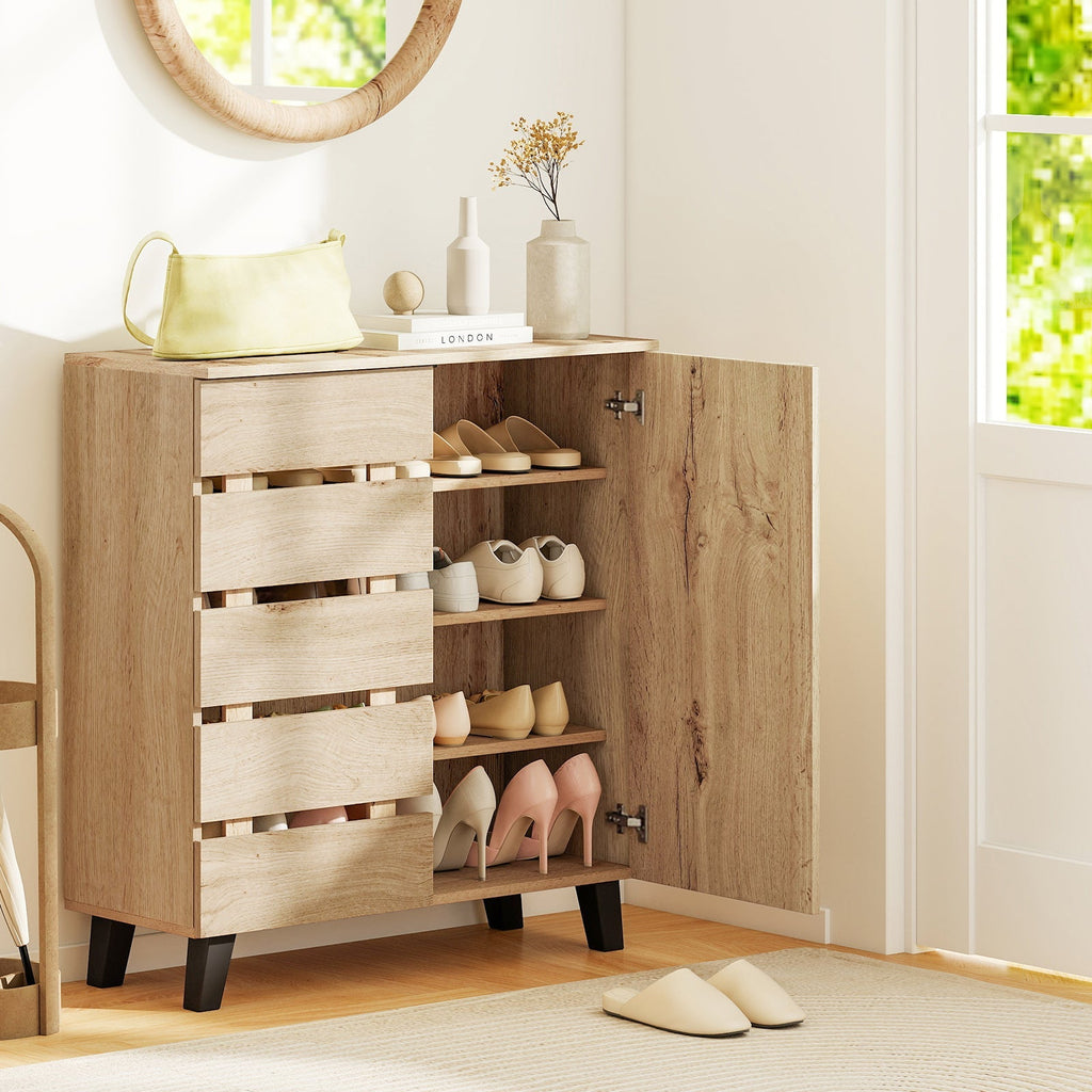 4-Tier Shoe Cabinet 2-Door Storage Organizer with Louvered Door-Natural