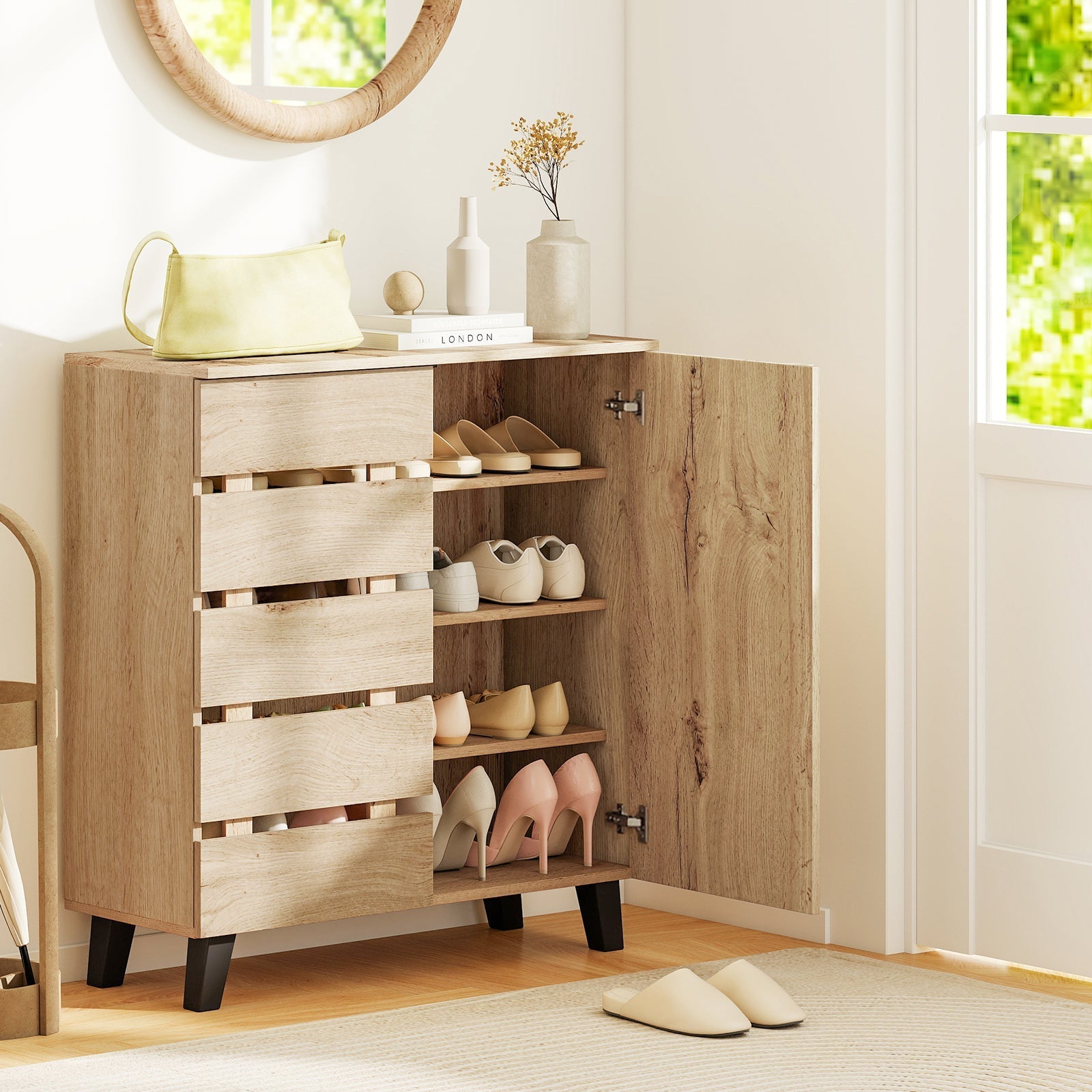 4-Tier Shoe Cabinet 2-Door Storage Organizer with Louvered Door-Natural